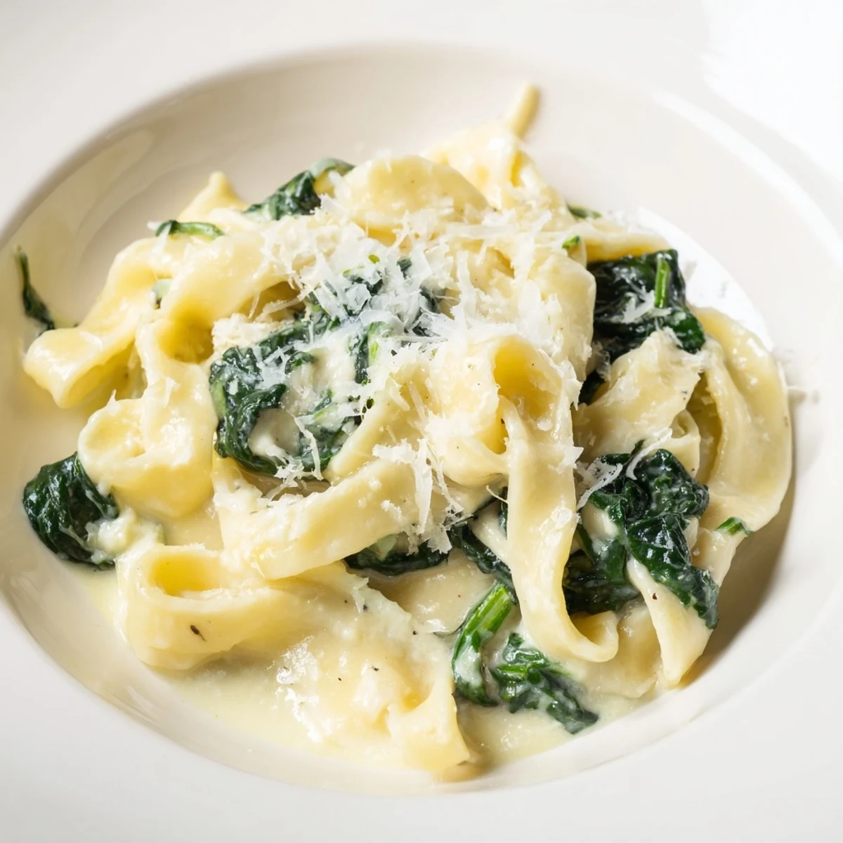 Creamy Spinach Garlic Noodles tossed with wilted greens in a rich, garlicky cream sauce served in a white bowl.  