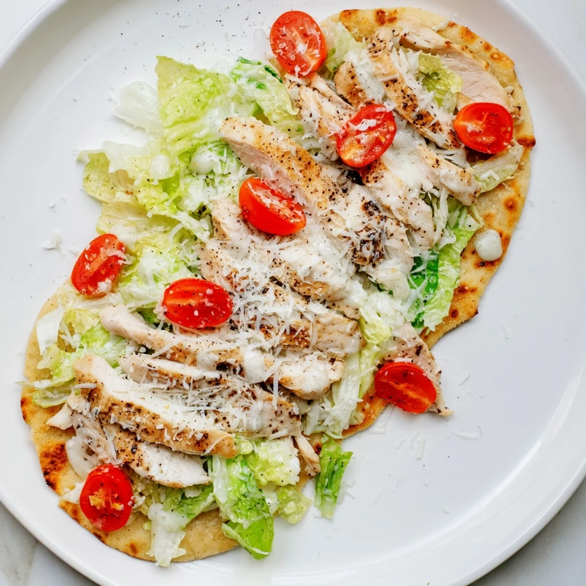 Caesar Chicken Flatbread baked to perfection with a golden crust, layered with tender chicken and shaved Parmesan.  