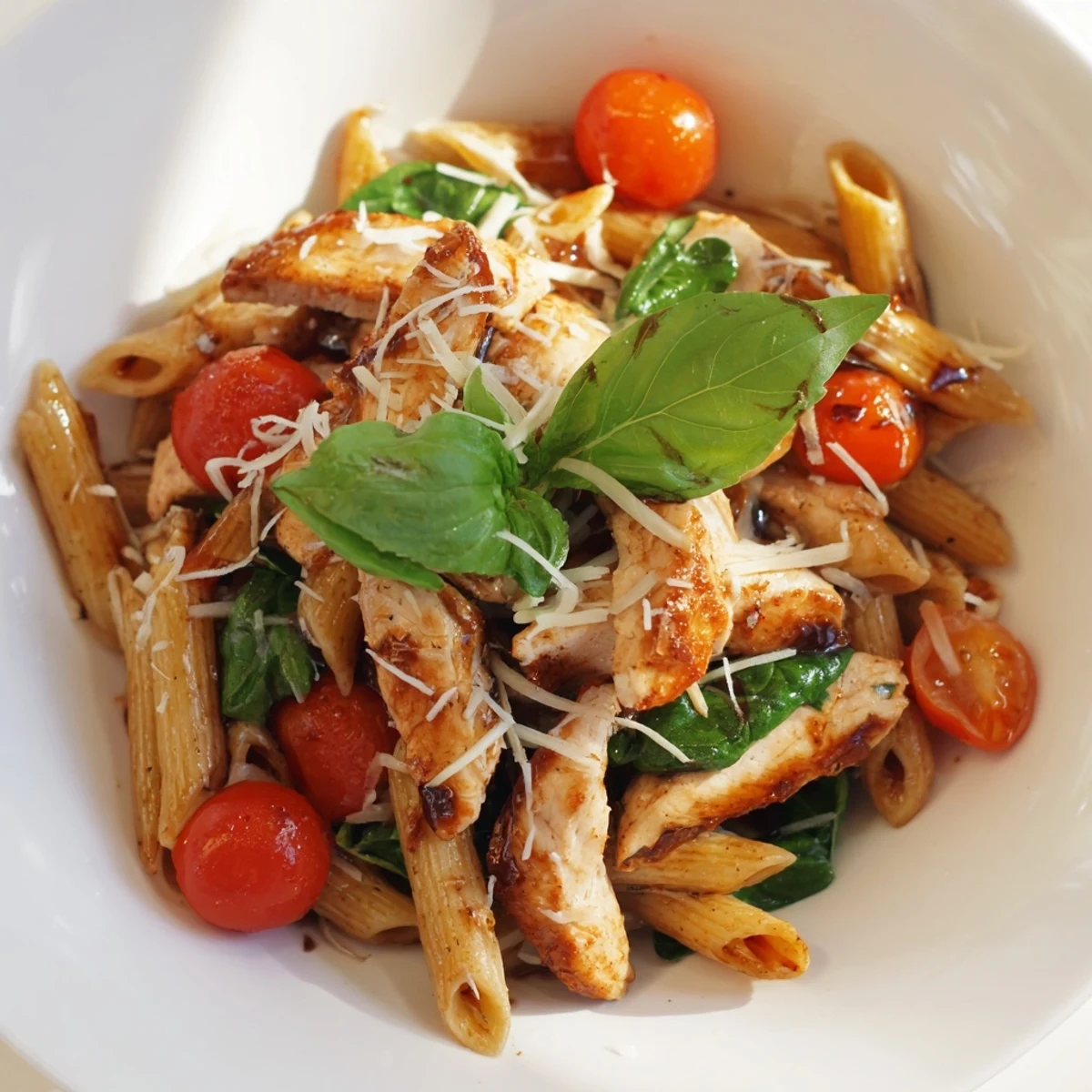 Steam rises from a bowl of Balsamic Glazed Chicken Pasta topped with fresh basil and Parmesan, highlighting the vibrant spinach and al dente noodles.  