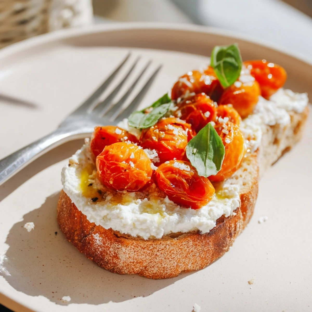 Golden roasted cherry tomatoes and creamy whipped ricotta piled high on a crispy slice of sourdough toast, garnished with fresh basil.  