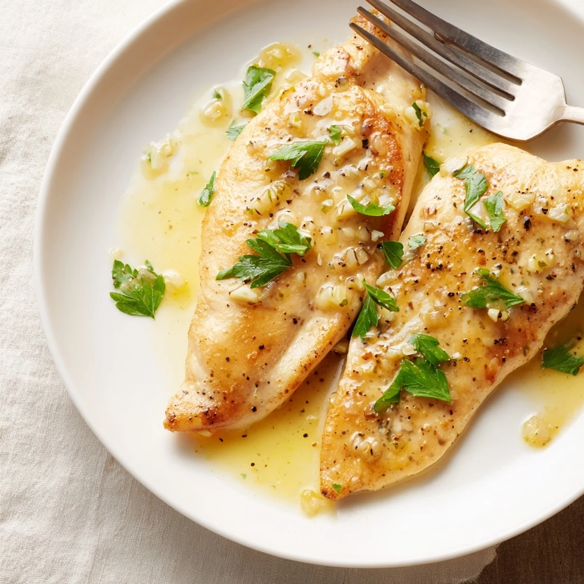 Golden, pan-seared Lemon Pepper Chicken breasts glistening with a buttery lemon sauce, perfect for a quick weeknight dinner.