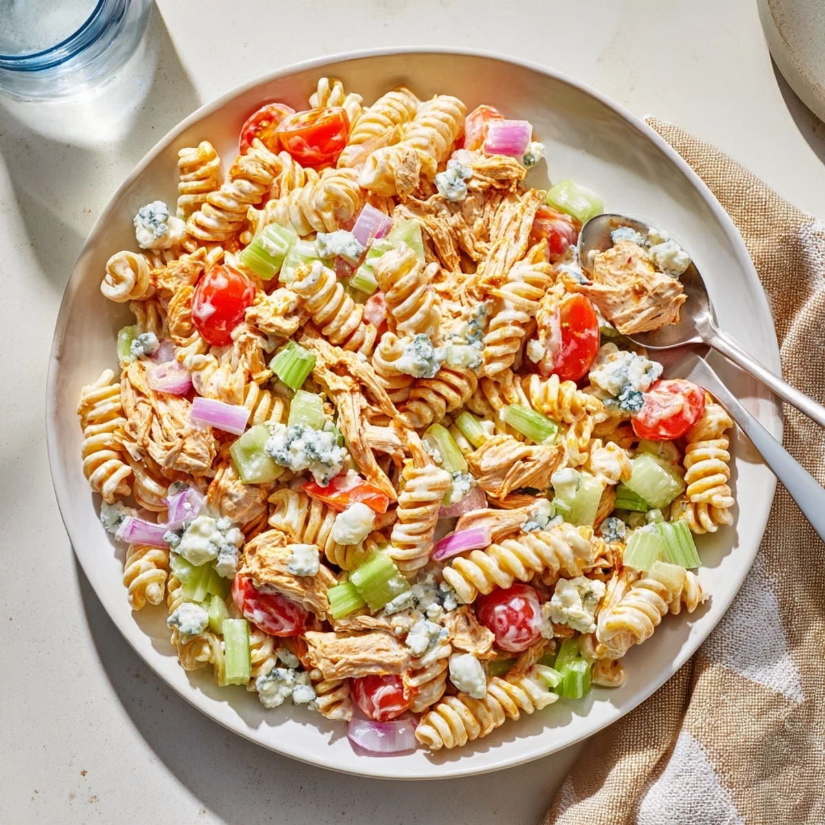 A bowl of chilled Buffalo Chicken Pasta Salad with shredded chicken, crisp celery, and red bell peppers tossed in creamy ranch dressing.  