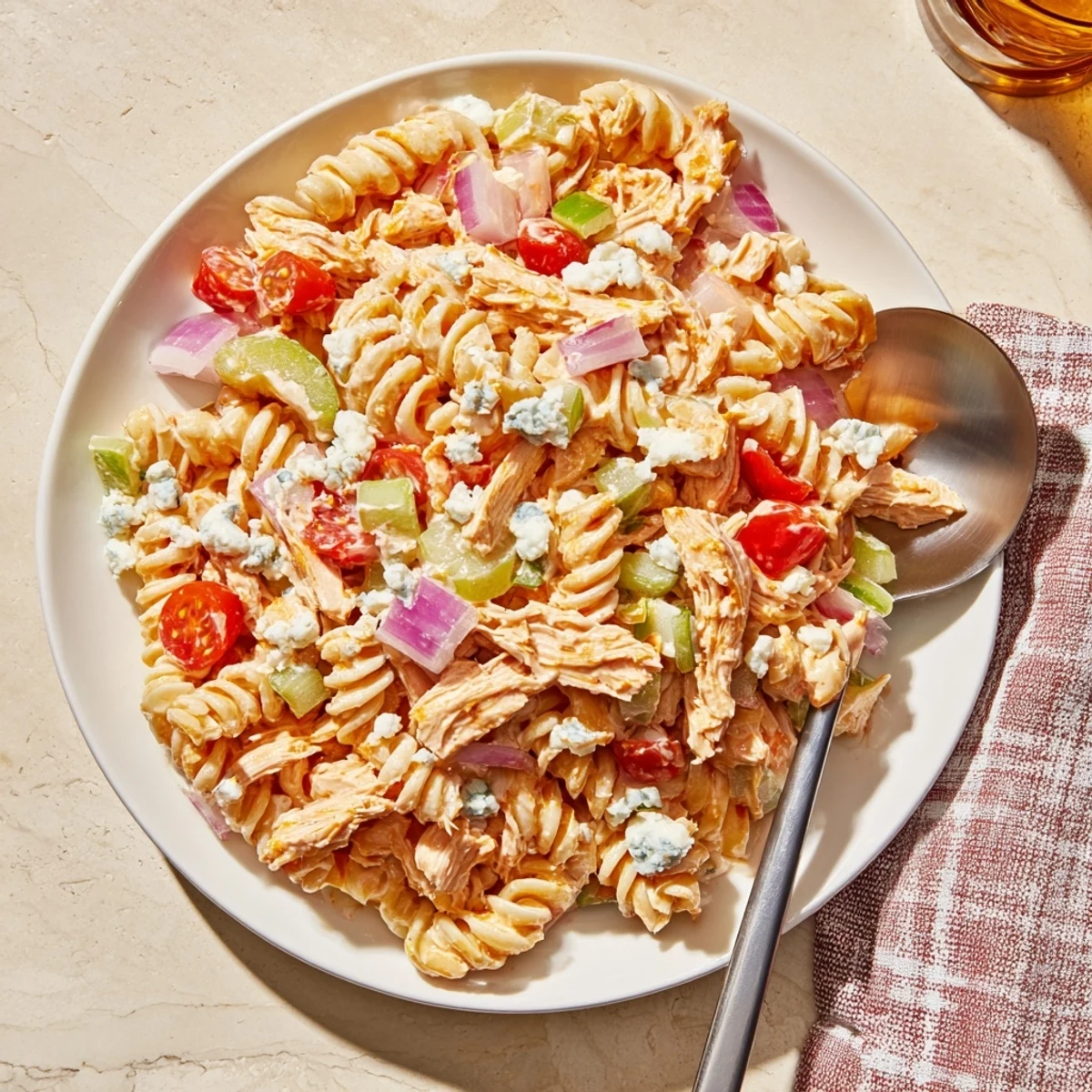 Colorful platter of Buffalo Chicken Pasta Salad topped with crumbled blue cheese, showcasing a potluck-ready cold side dish.