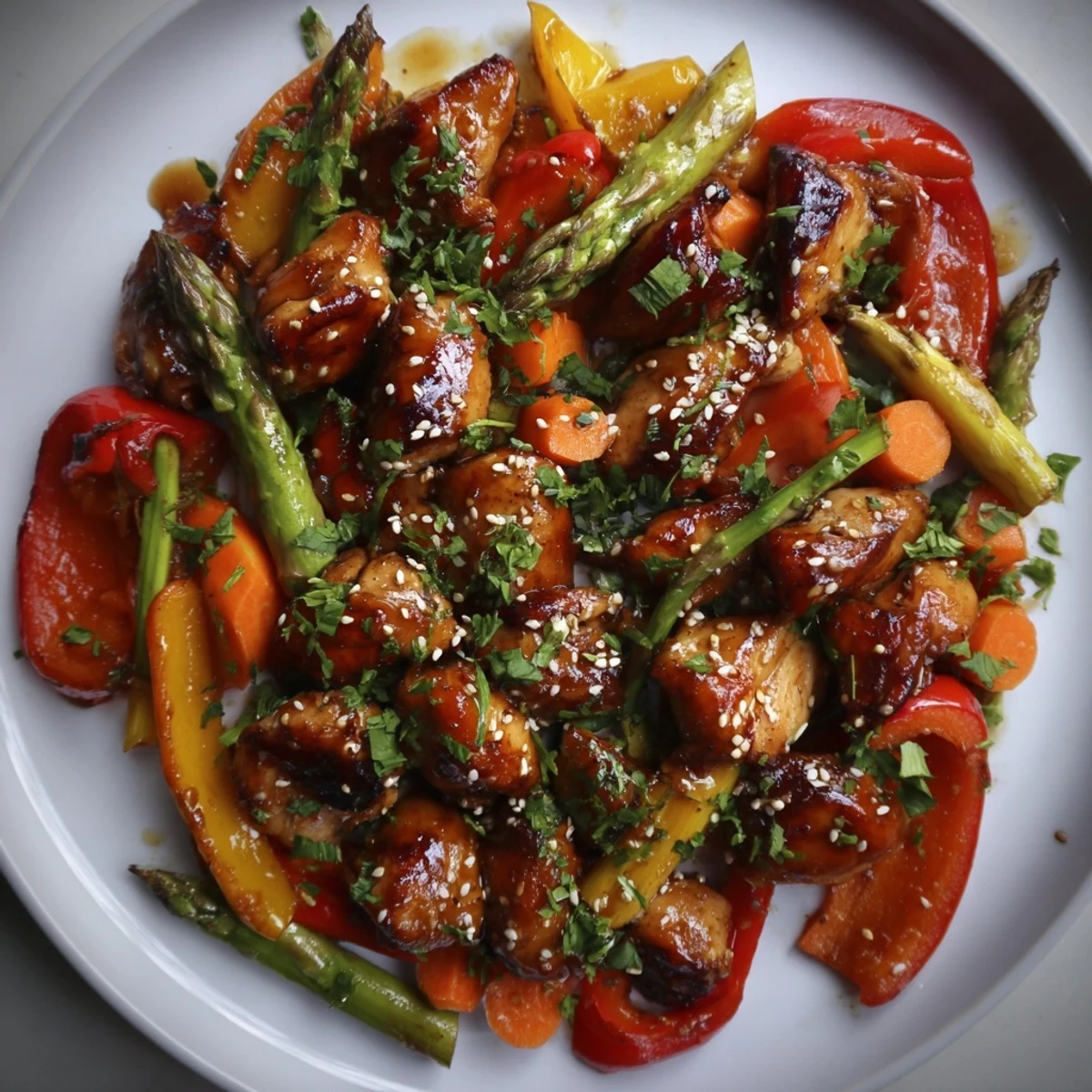 A close-up of Sheet Pan Honey Garlic Chicken, featuring tender glazed chicken and colorful roasted spring vegetables like bell peppers and asparagus on a dark baking sheet.