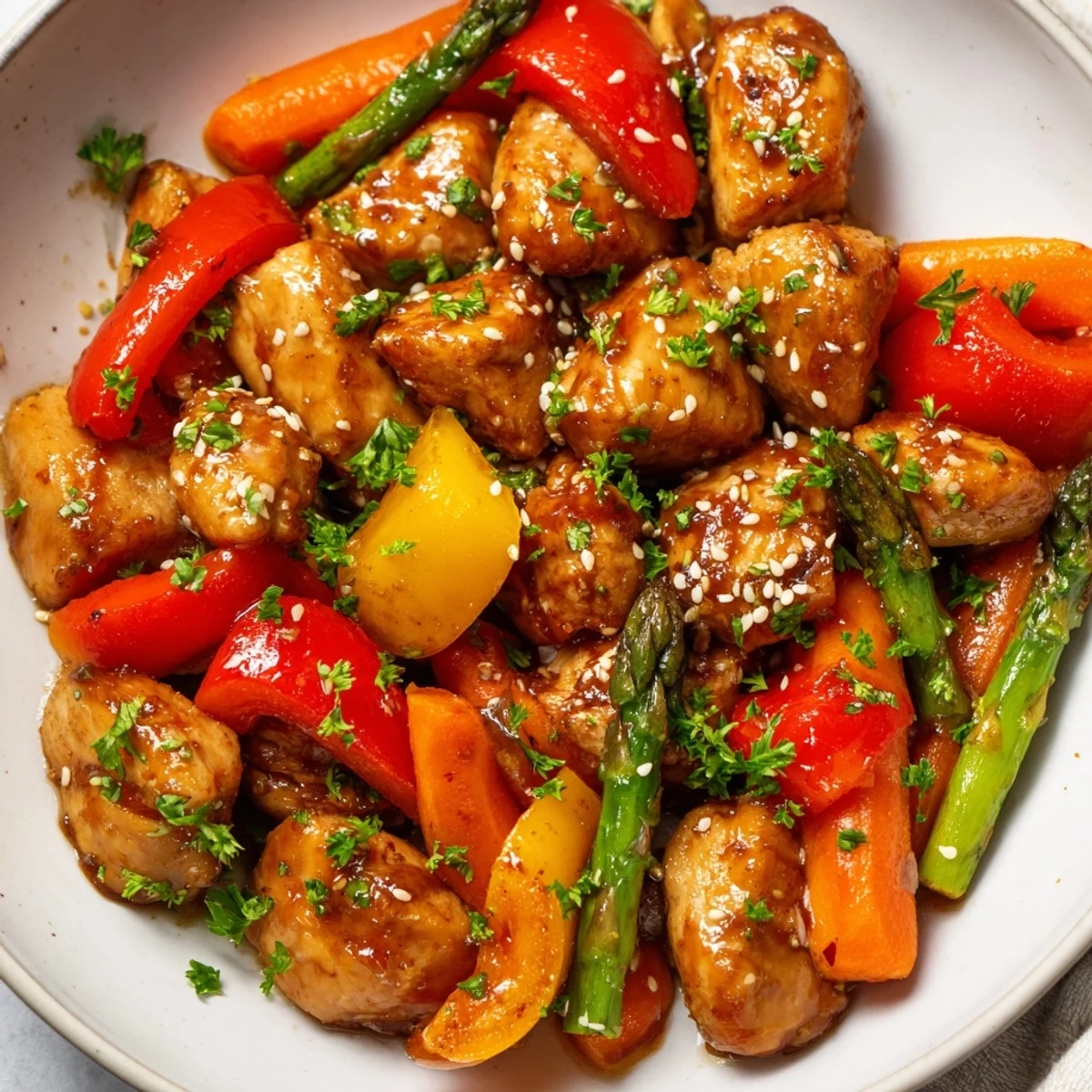 Serving suggestion for Sheet Pan Honey Garlic Chicken, showing golden-brown chicken and caramelized vegetables garnished with fresh parsley, ready to be served over fluffy white rice.