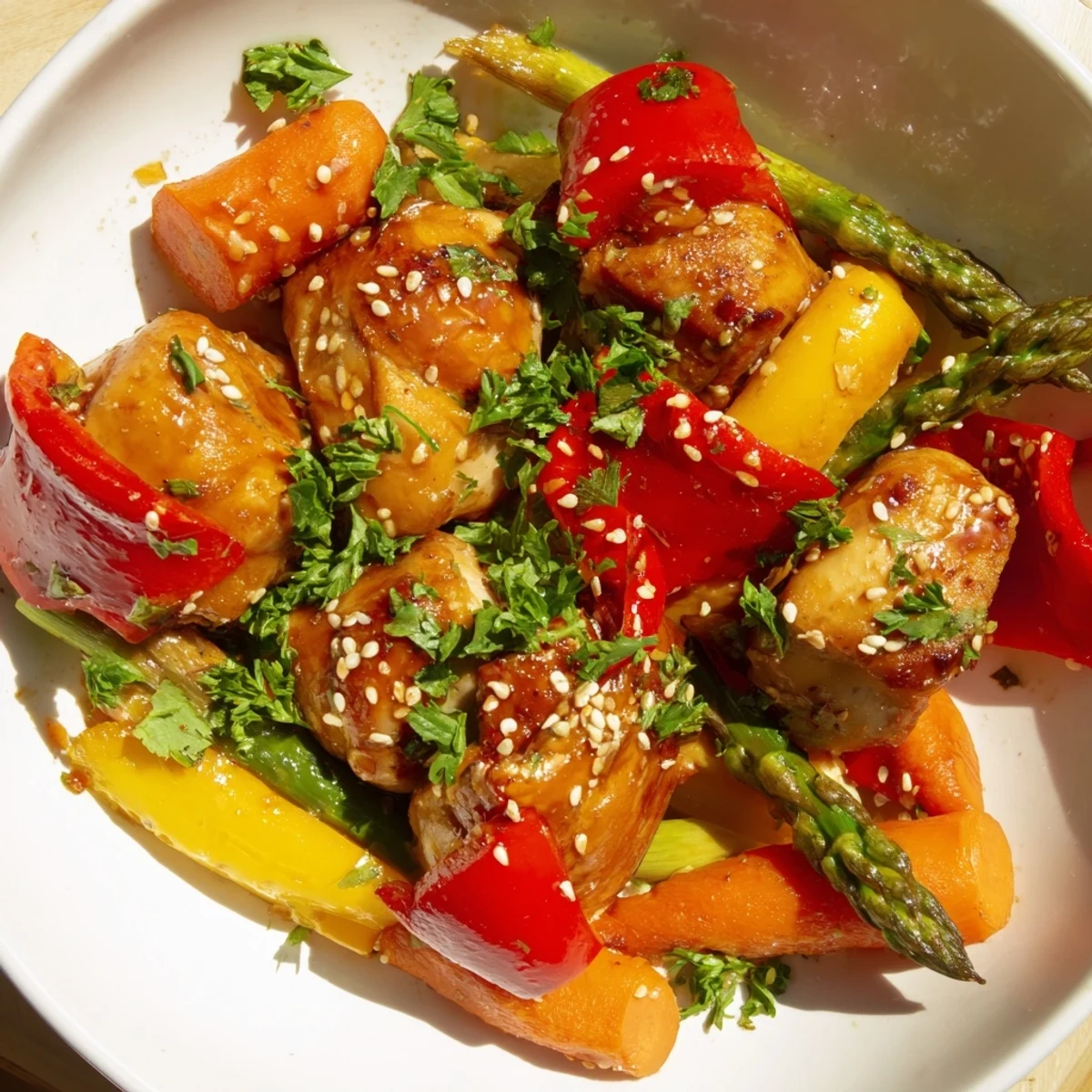 Overhead view of Sheet Pan Honey Garlic Chicken, highlighting the glossy honey garlic sauce coating bite-sized chicken and vibrant spring vegetables arranged in a single layer on parchment paper.
