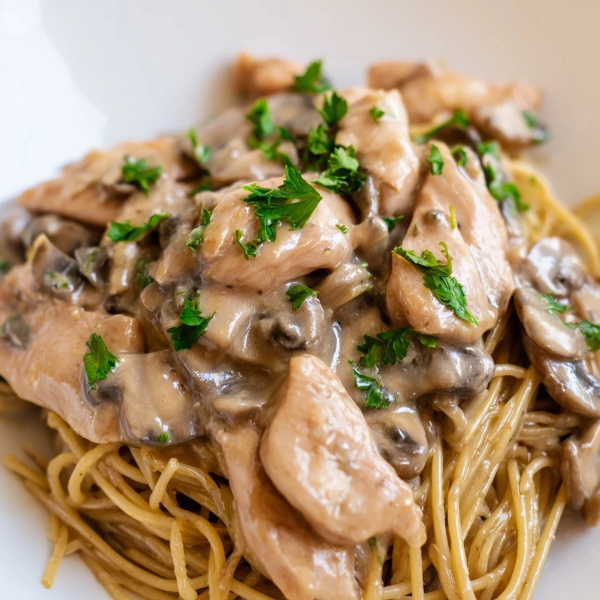 Savory Creamy Mushroom Chicken Spaghettini twirled on a fork, served warm with Parmesan and mushrooms.