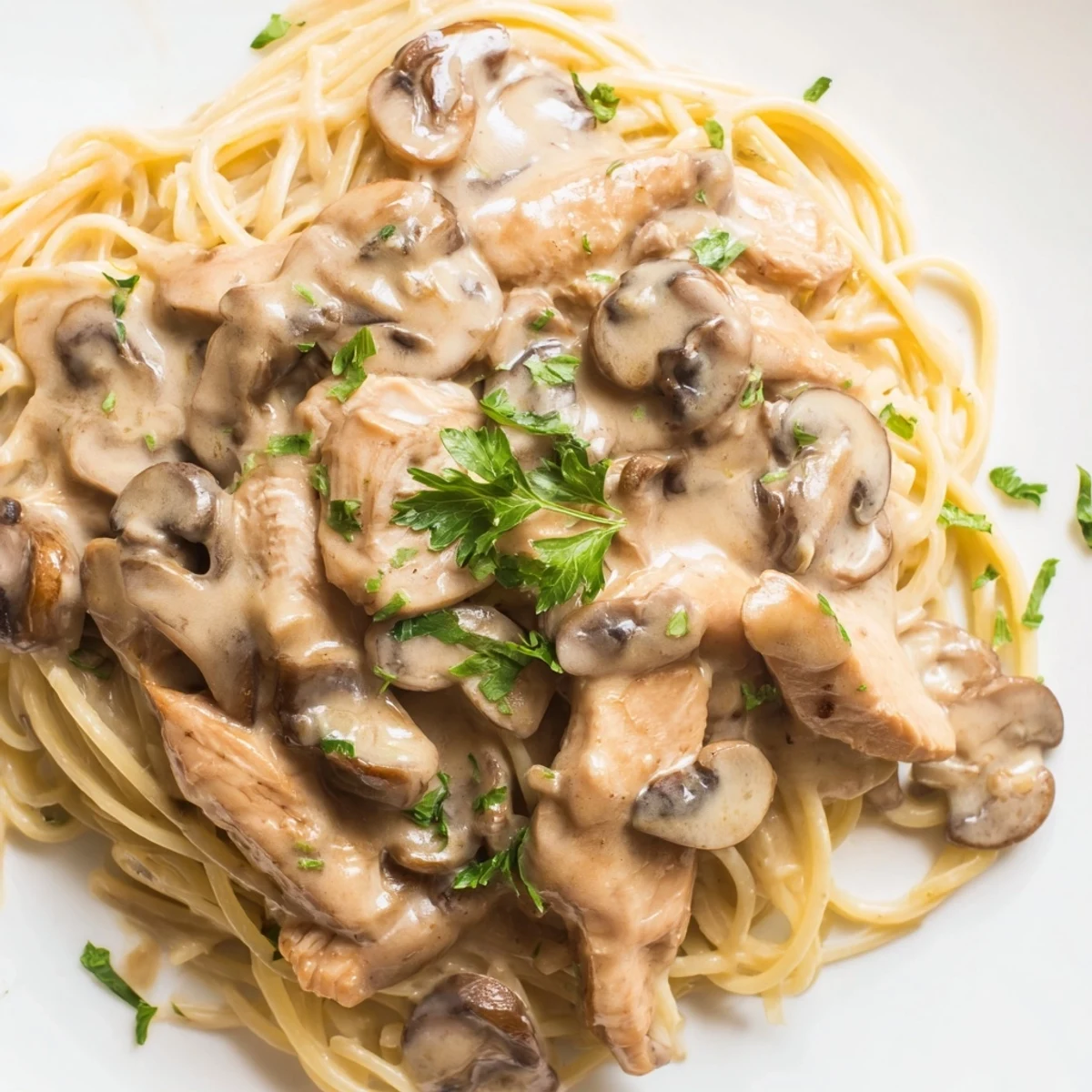 Close-up of Creamy Mushroom Chicken Spaghettini featuring sautéed mushrooms, sliced chicken, and a light cream sauce.