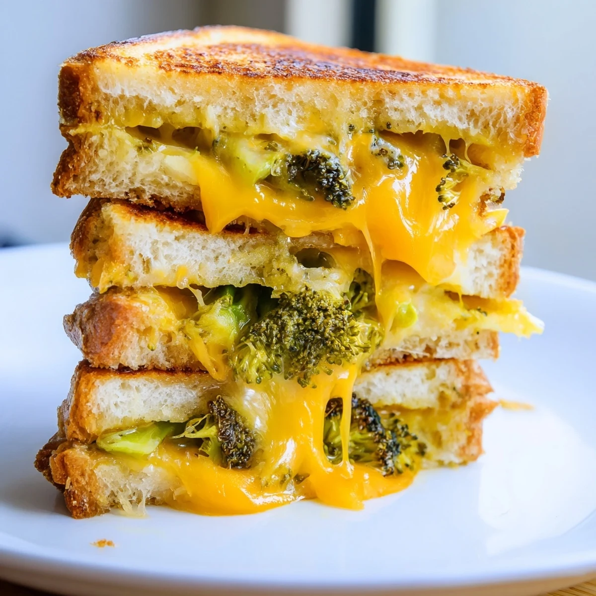 Golden-brown Roasted Broccoli & Cheddar Grilled Cheese oozing melted sharp cheddar and roasted broccoli florets.