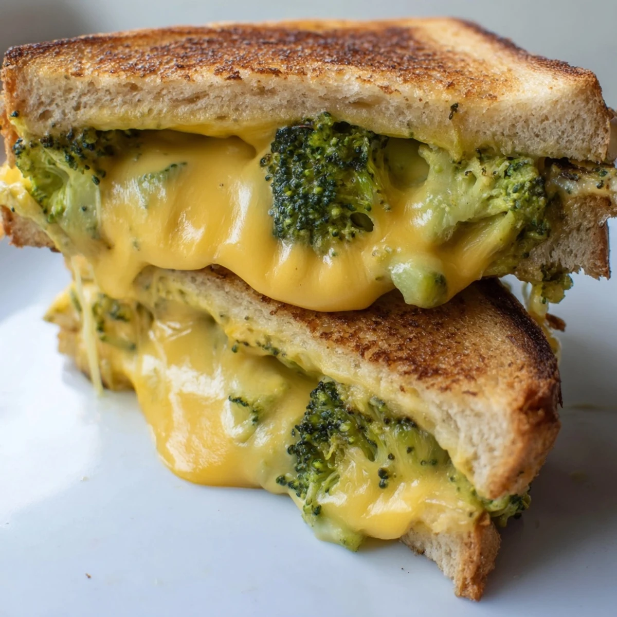 A comforting Roasted Broccoli & Cheddar Grilled Cheese served with tomato soup for dipping.