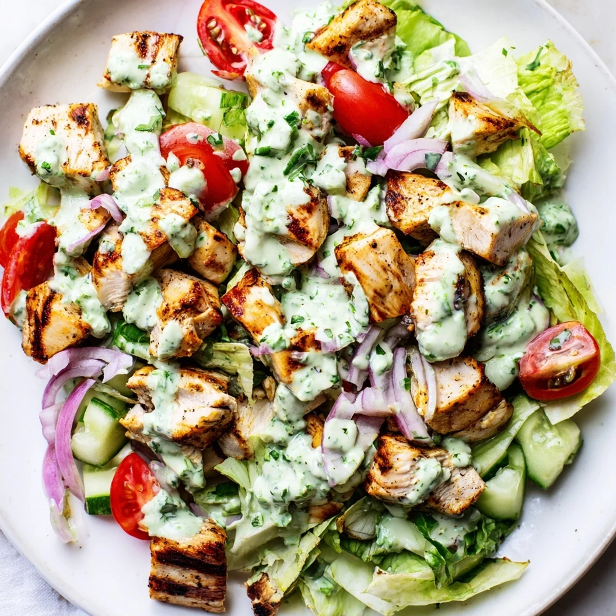 A vibrant bowl of Jalapeño Ranch Chicken Salad with chopped chicken, crisp romaine, cherry tomatoes, and creamy dressing.