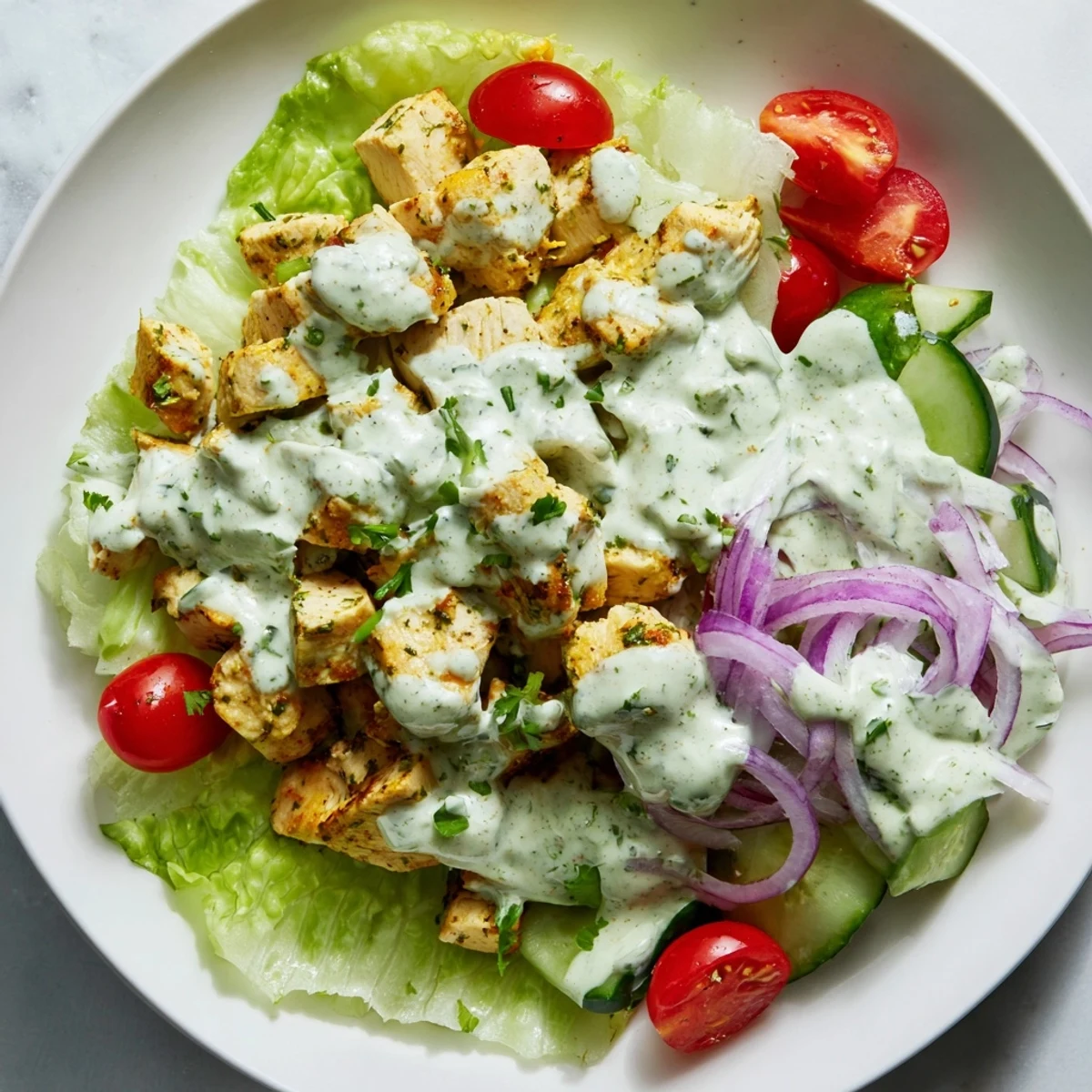 Spicy Jalapeño Ranch Chicken Salad featuring juicy chicken, diced cucumber, red onion, and herbs in a creamy ranch dressing.