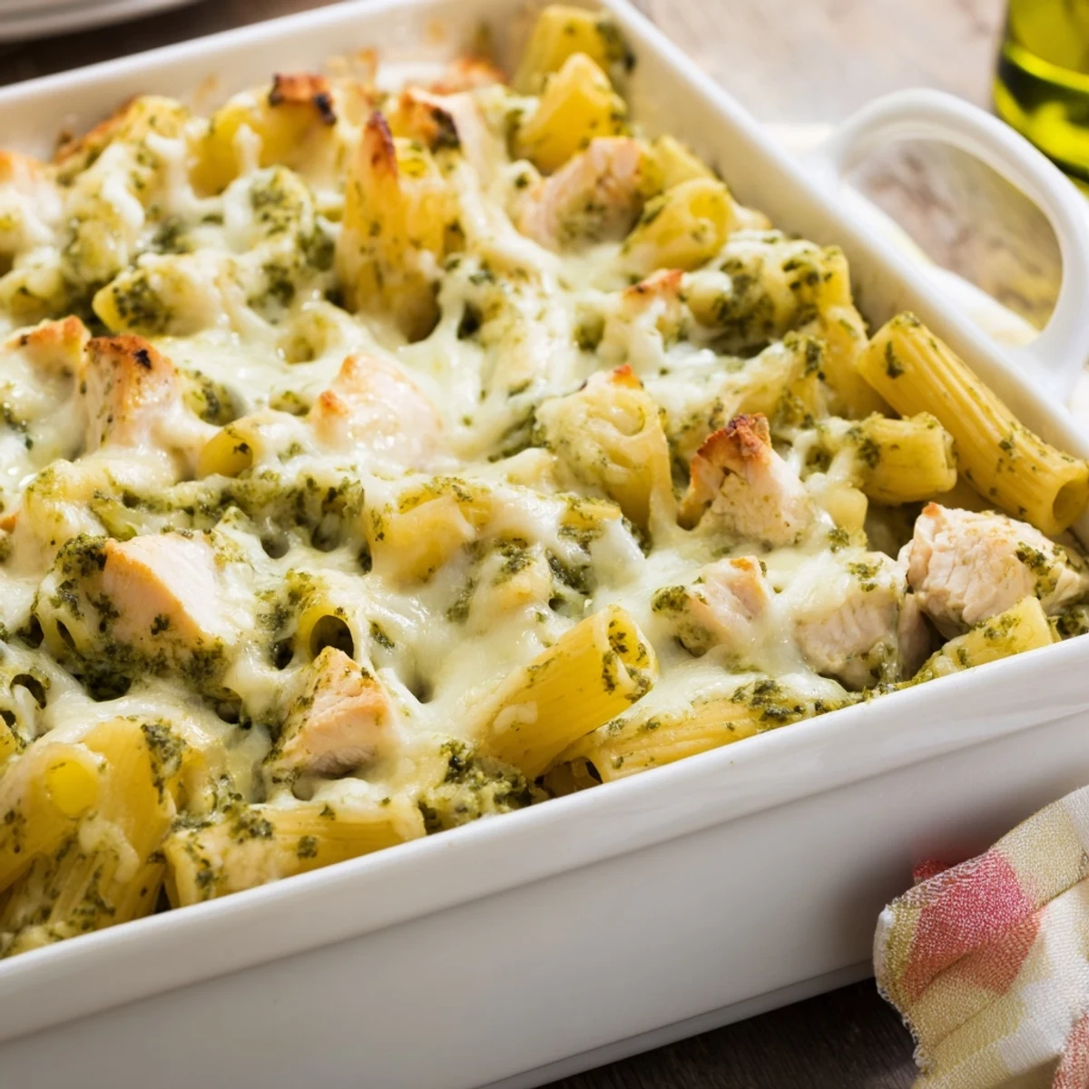 Golden-baked Pesto Chicken Pasta Bake with melted mozzarella, al dente penne, and vibrant basil pesto served in a casserole dish.