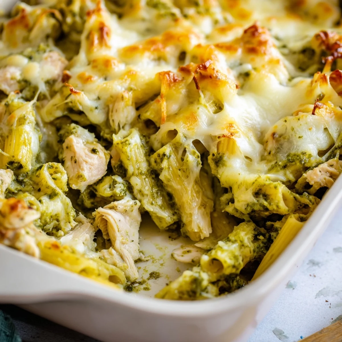 A close-up of Pesto Chicken Pasta Bake, bubbling with tomato sauce and topped with crispy, golden Parmesan cheese.