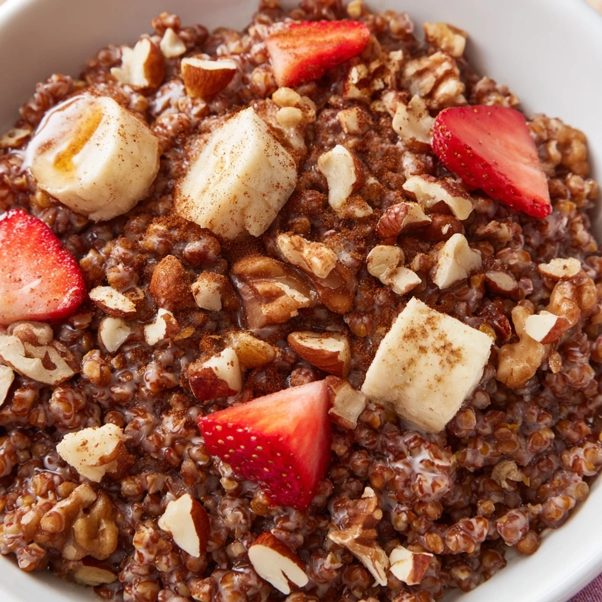 A warm bowl of buckwheat groats breakfast topped with fresh berries, sliced banana, and crunchy mixed nuts.  
