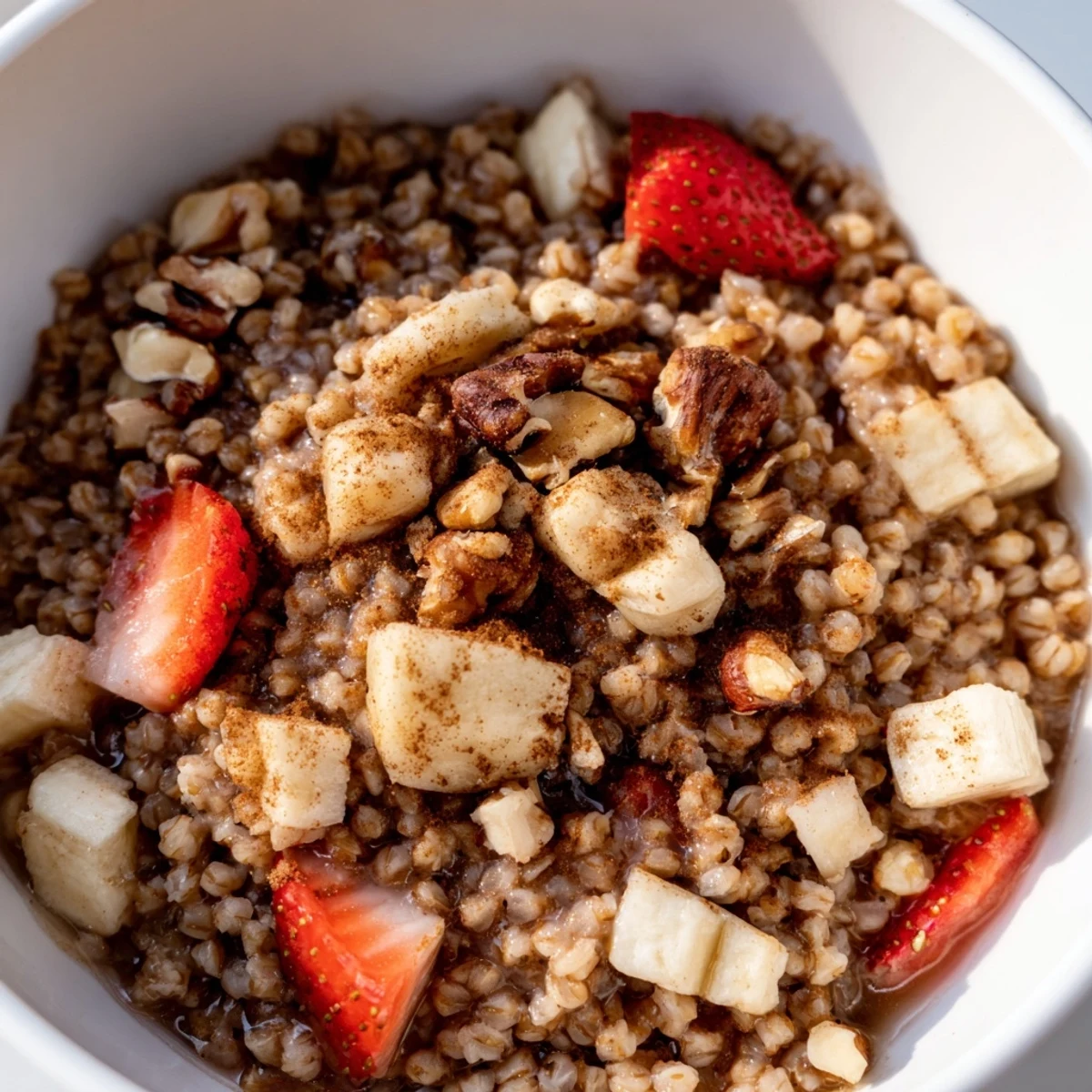 Serving suggestion for buckwheat groats breakfast: creamy milk poured over nutty grains, fruit, and chopped walnuts for crunch.