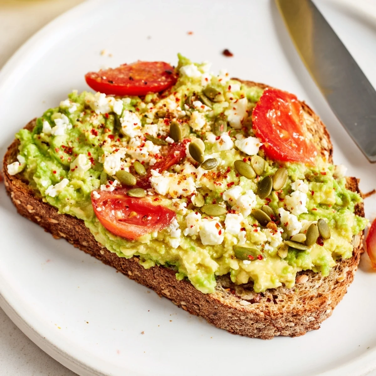 Two slices of avocado toast on whole grain bread topped with fresh tomato and crumbled feta cheese.