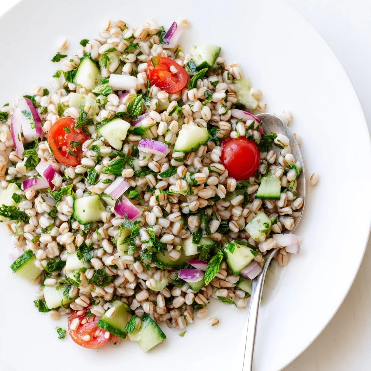 Freshly cooked pearl barley cools before being tossed with chopped herbs, diced cucumbers, and cherry tomatoes for the Barley and Herb Salad.