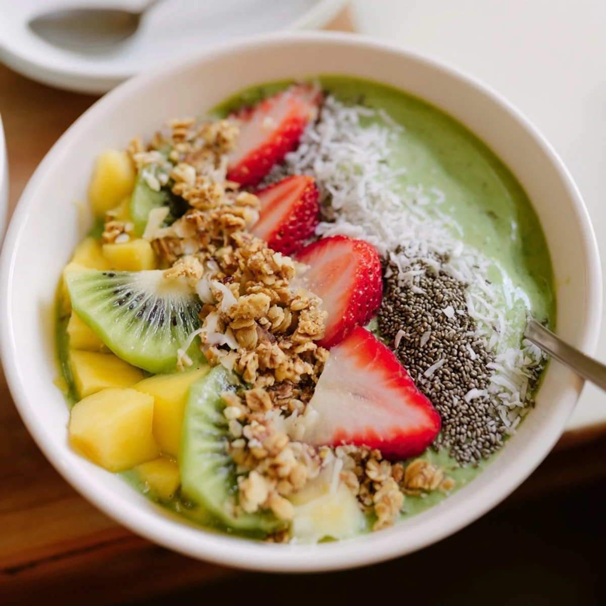 A vibrant Green Smoothie Bowl topped with fresh banana slices, kiwi, and crunchy granola.