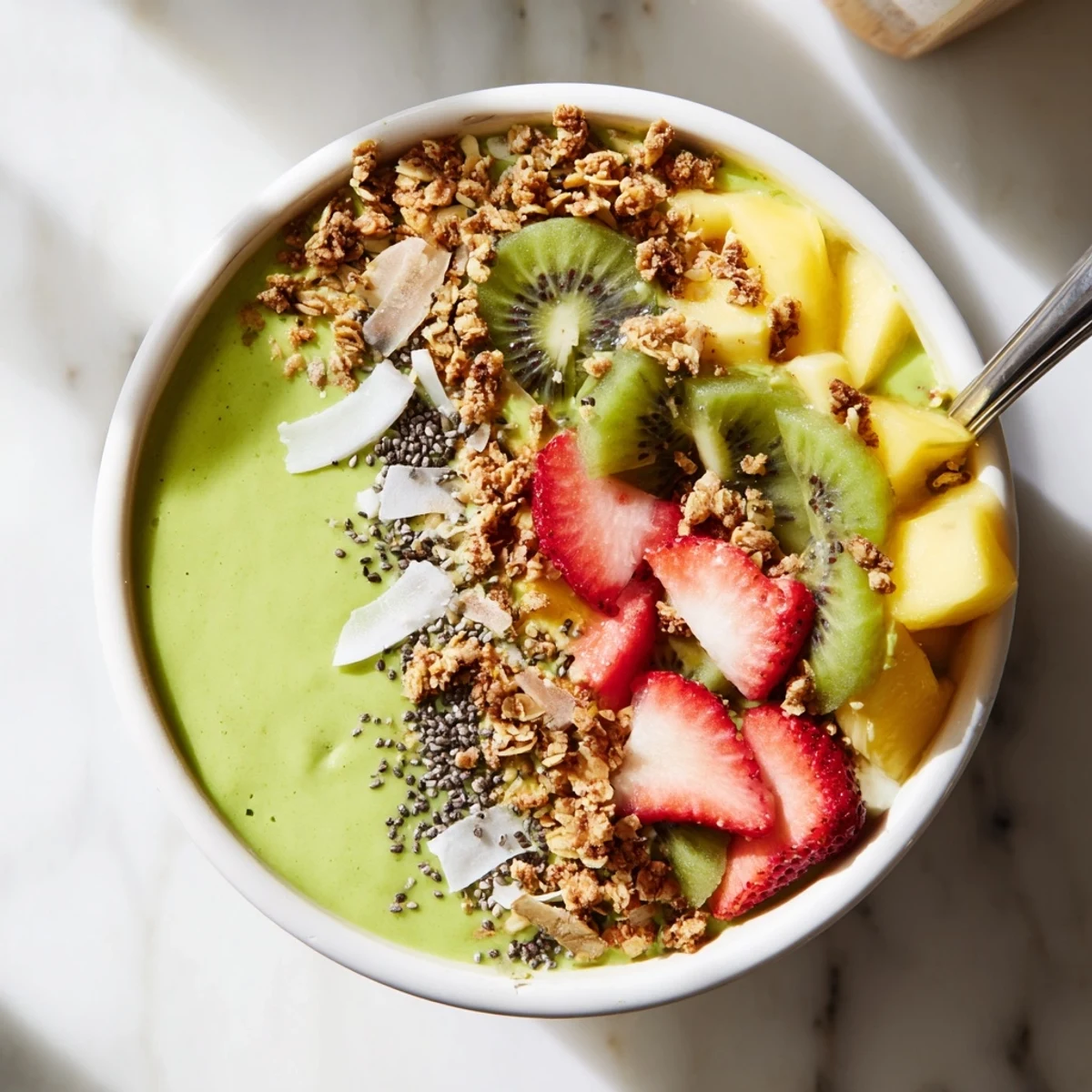 Healthy Green Smoothie Bowl served in a white bowl with coconut flakes and chia seeds.