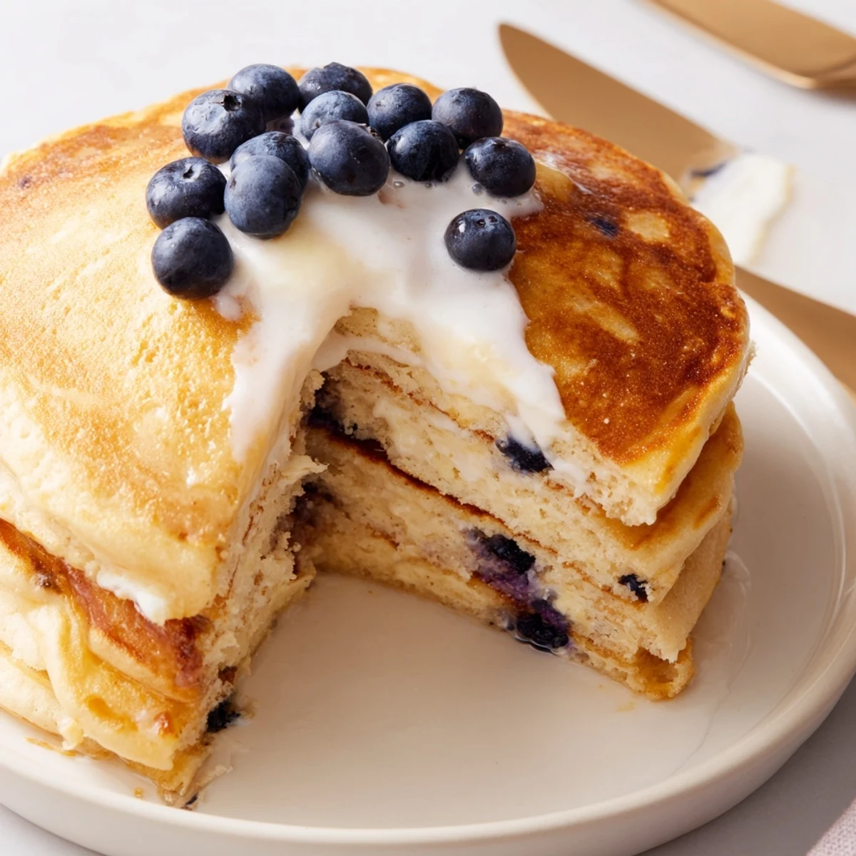 Golden-brown Protein Power Pancakes stacked high, topped with a dollop of Greek yogurt and fresh blueberries on a white plate.  