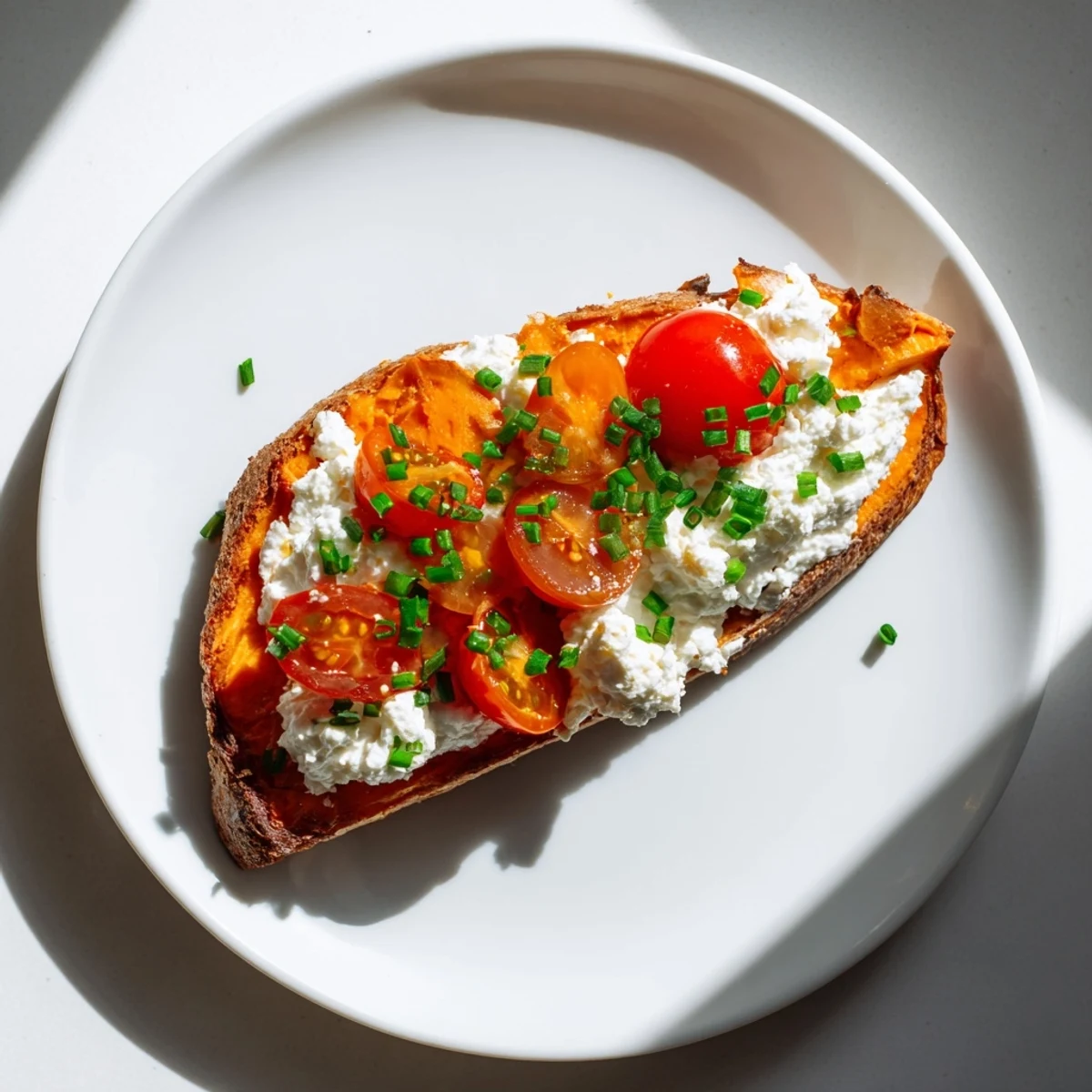 Golden-brown roasted sweet potato toast slices topped with sliced avocado, halved cherry tomatoes, and a sprinkle of chives on a rustic wooden board.