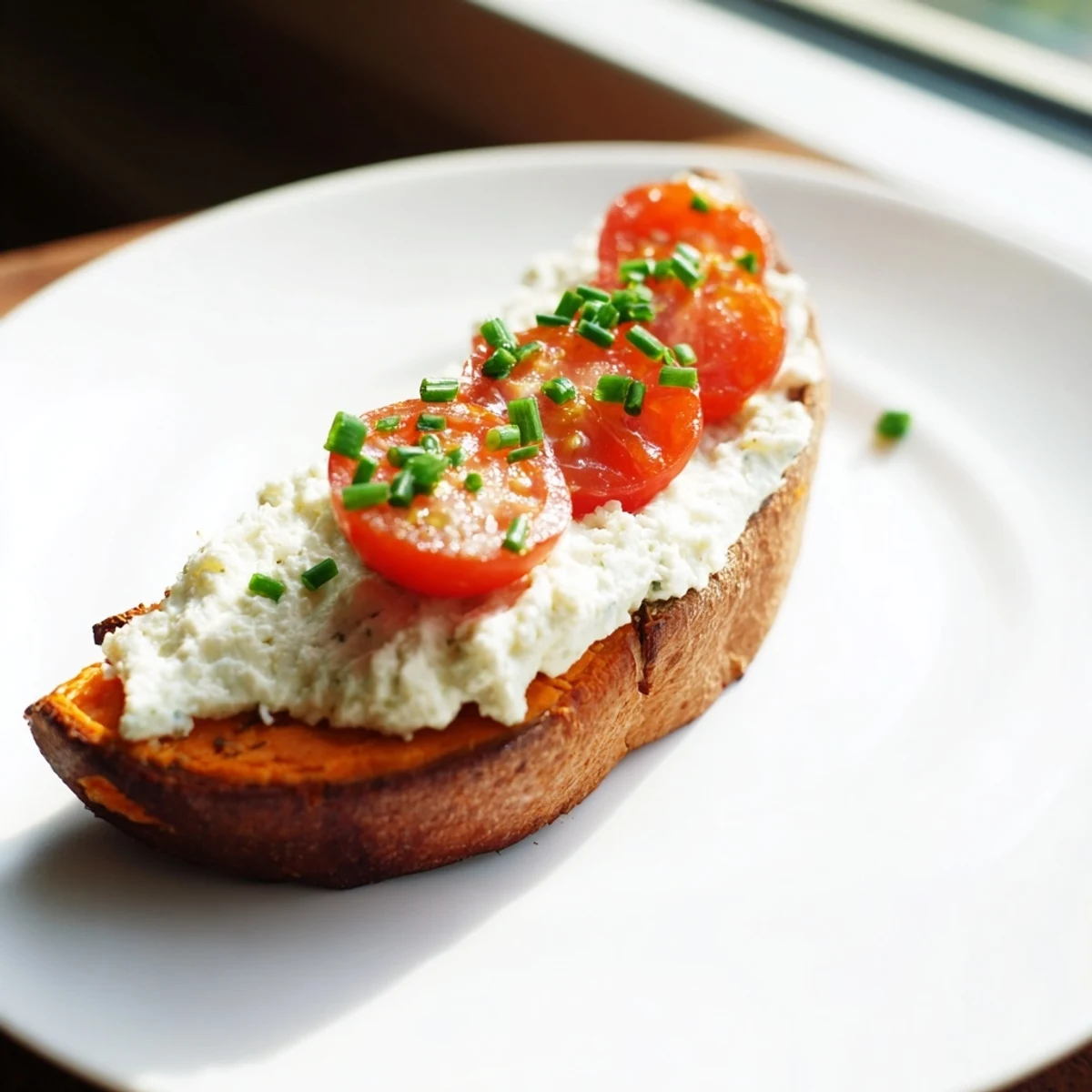 A close-up of warm sweet potato toast spread with creamy peanut butter, banana slices, and granola for a sweet, satisfying breakfast.