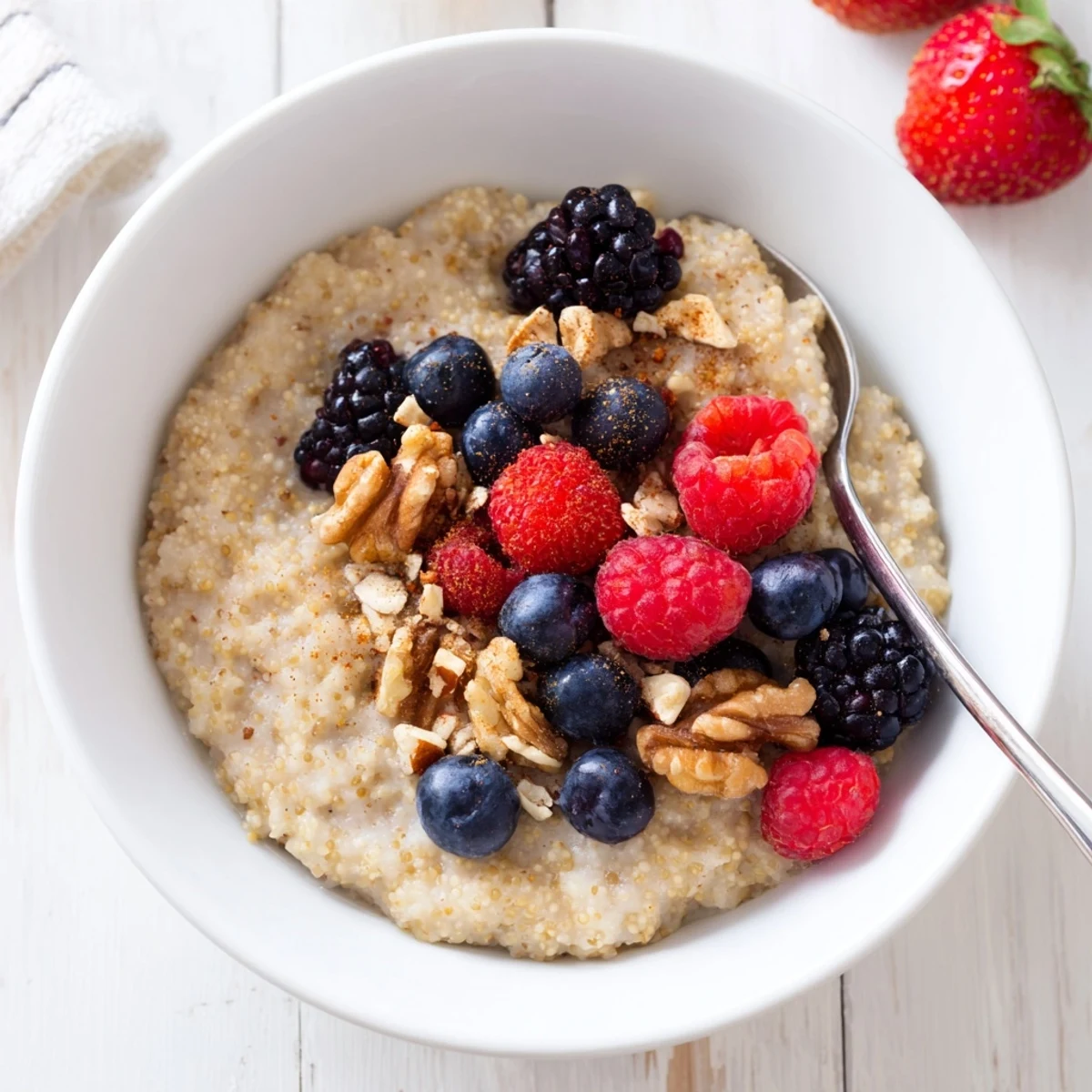 Creamy cinnamon-spiced millet porridge served in a rustic bowl with fresh berries, almonds, and a drizzle of maple syrup.