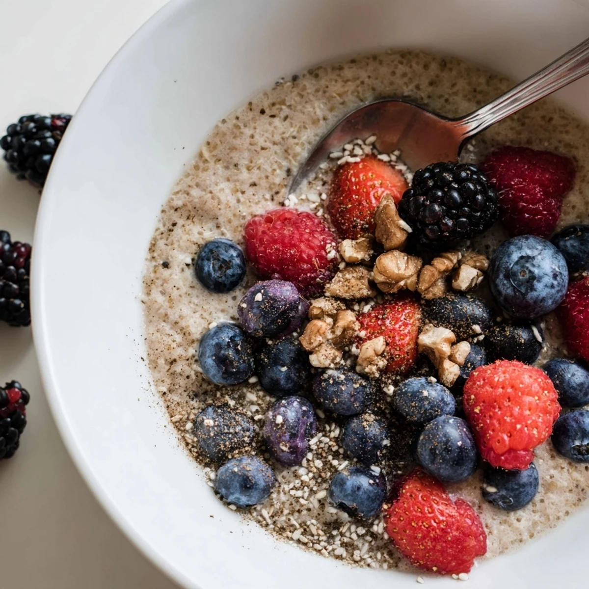 Healthy millet porridge with warm spices, juicy strawberries and blueberries, and a sprinkle of chia seeds on top.