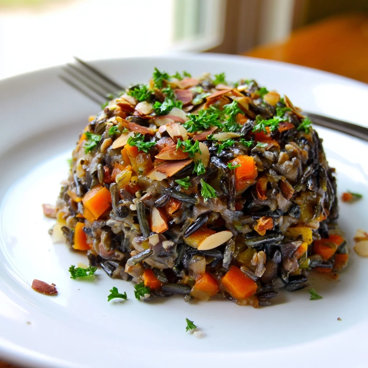A close-up of Wild Rice and Mushroom Pilaf with golden sautéed mushrooms, fresh parsley, and toasted almonds on a rustic plate.