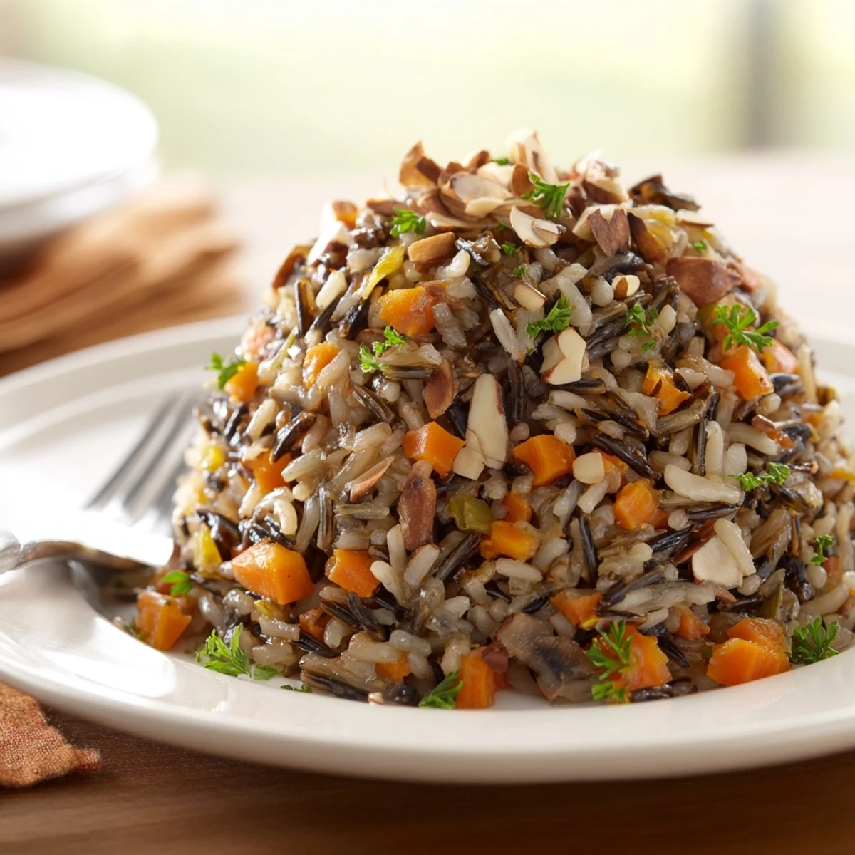 Savory Wild Rice and Mushroom Pilaf mixed with diced carrots and celery, plated next to a glass of white wine for dinner.
