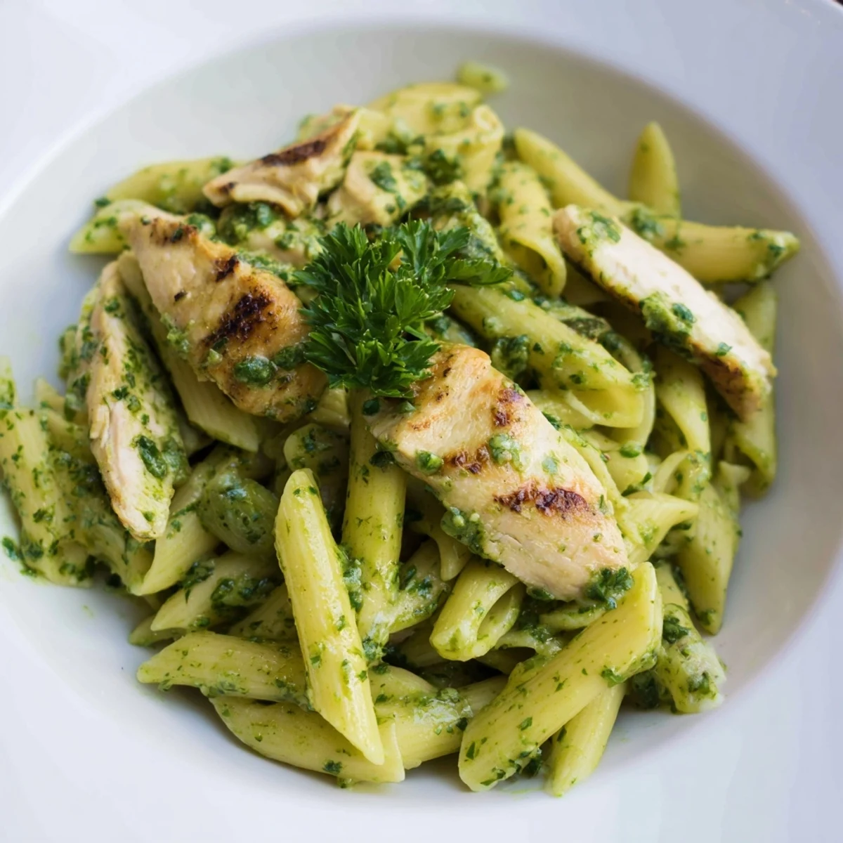 Grilled chicken and al dente penne are tossed in a vibrant, herb-packed chimichurri sauce for a zesty fusion dinner.  