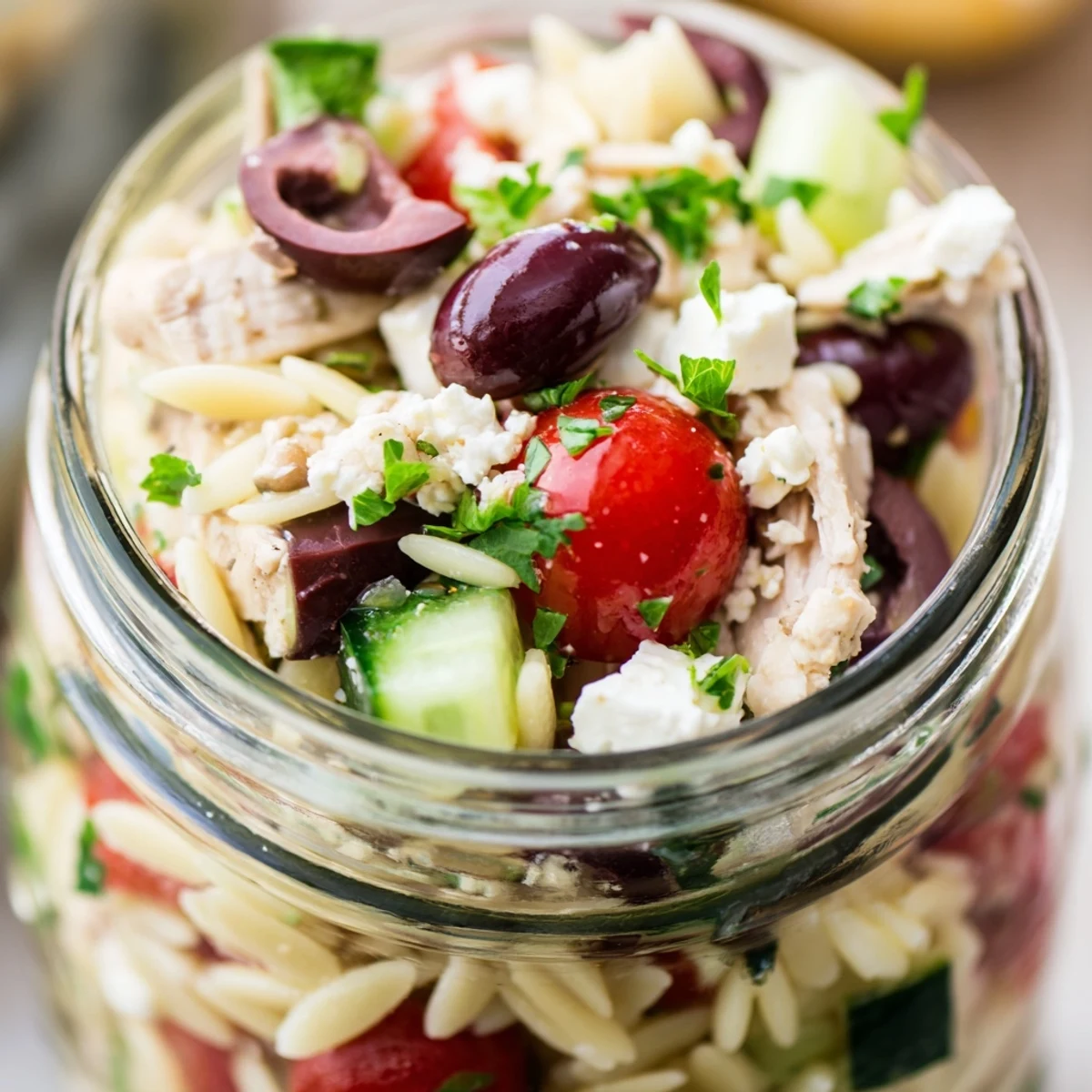 Bright, appetizing Greek pasta chicken salad jars with olives and cucumbers, served ready for a refreshing lunch.