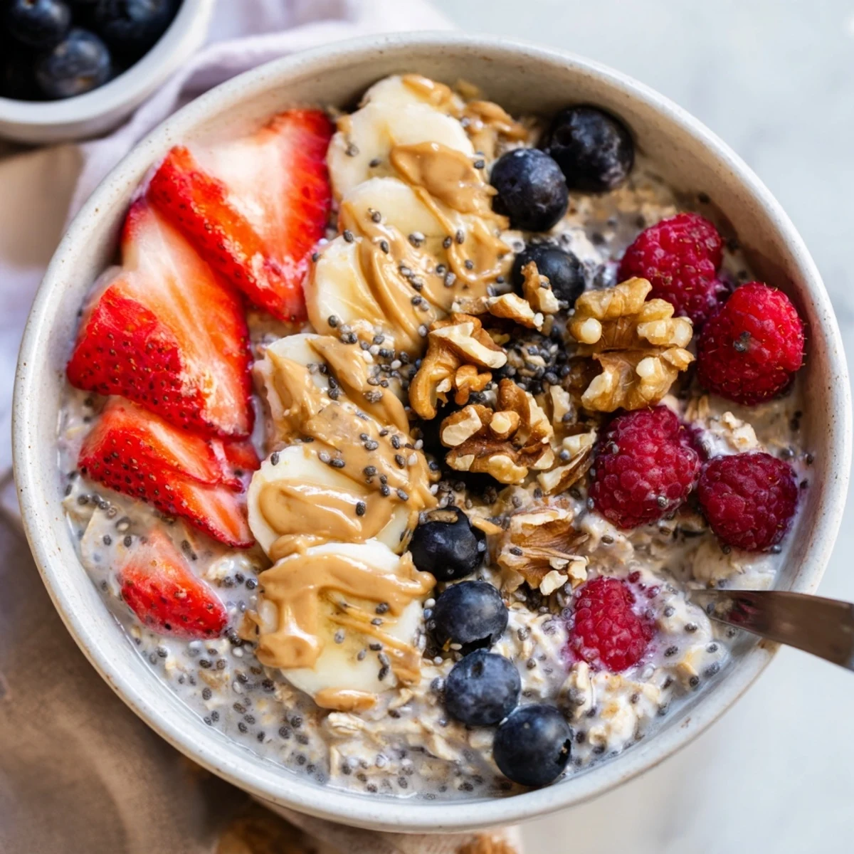 A jar of Overnight Oats With Chia Seeds topped with fresh blueberries, sliced bananas, and a drizzle of almond butter.