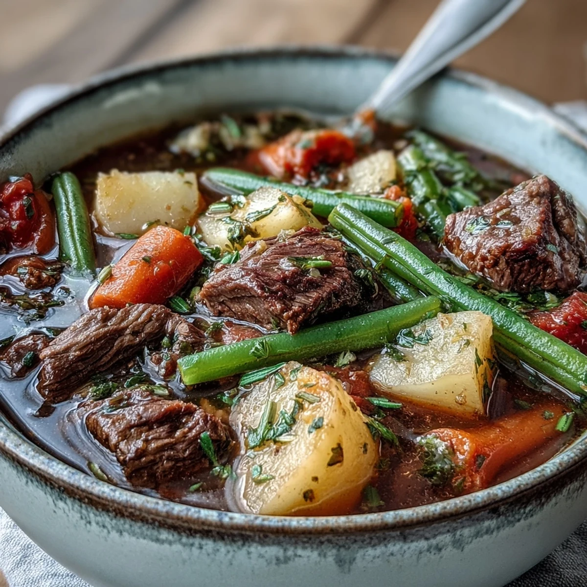 Hearty beef and vegetable soup steaming in a rustic bowl, topped with fresh parsley, served alongside crusty bread for a cozy winter meal.