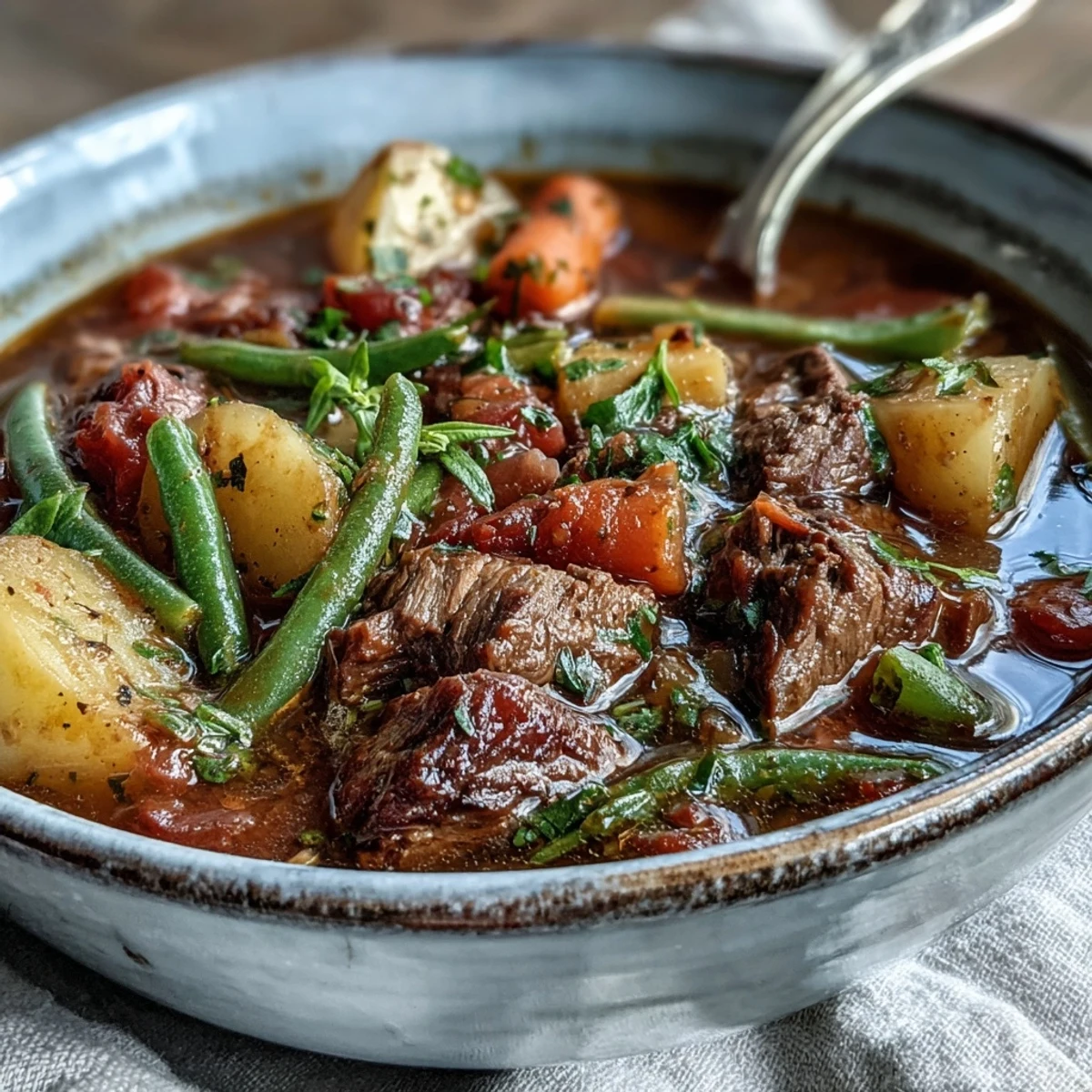 Savory beef and vegetable soup simmering in a Dutch oven, featuring tender chunks of beef, carrots, potatoes, and vibrant green peas.