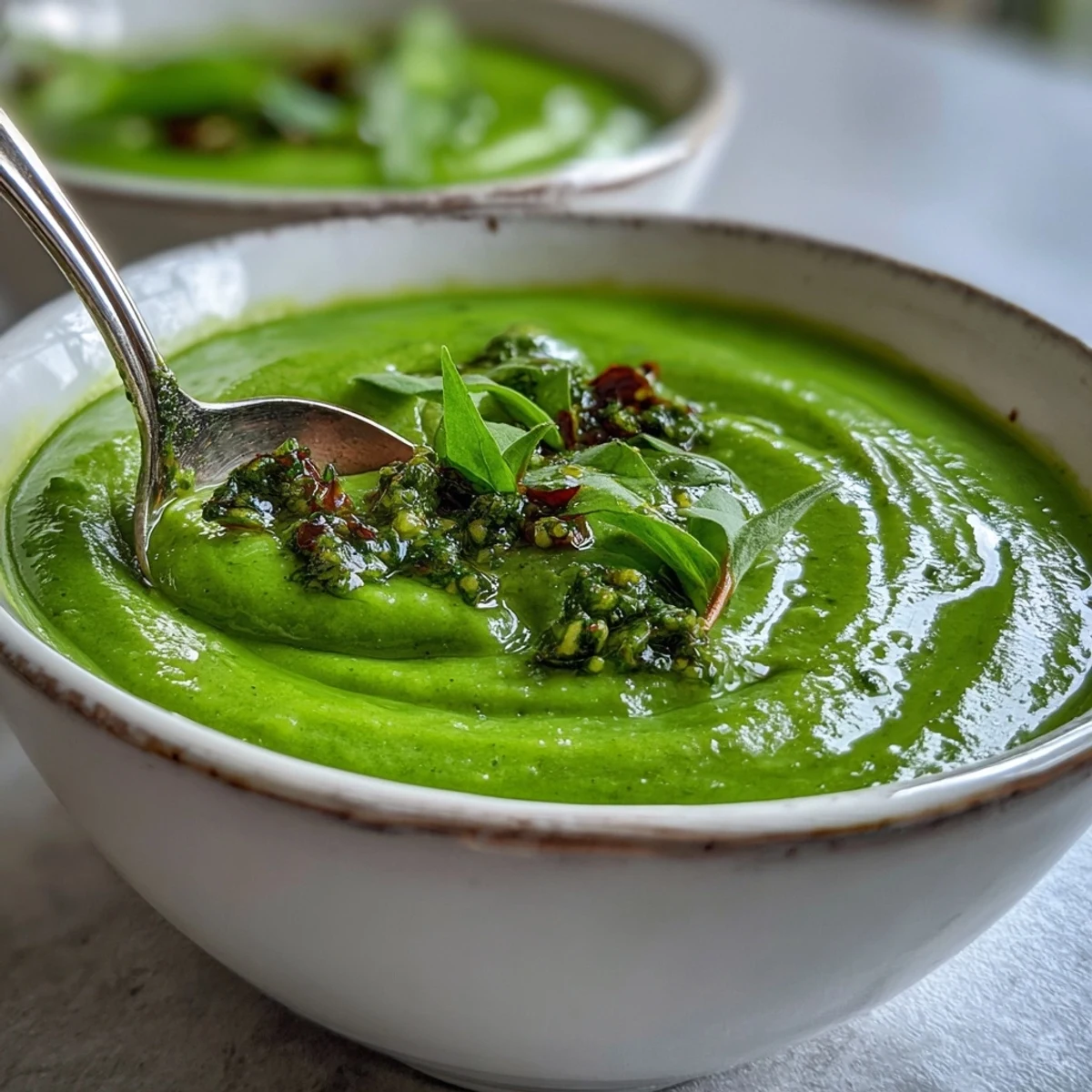 A bowl of blended Courgette, Pea and Pesto Soup with a vibrant green swirl, steaming hot and ideal for a light lunch.