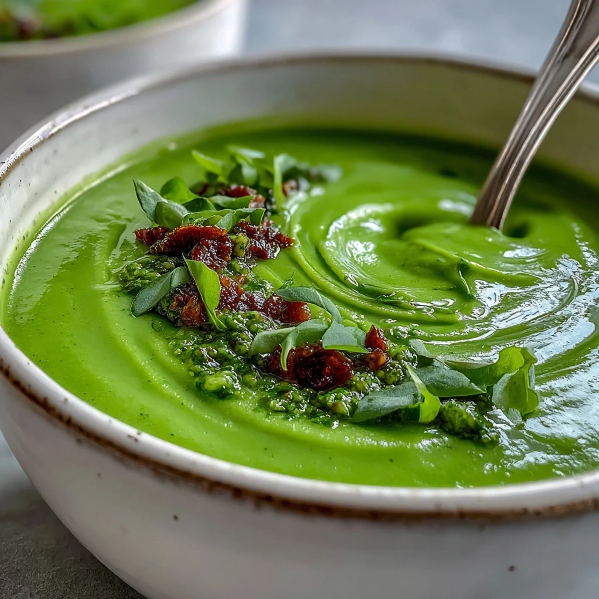 Creamy Courgette, Pea and Pesto Soup garnished with fresh basil in a rustic bowl, ready to serve with crusty bread on the side.