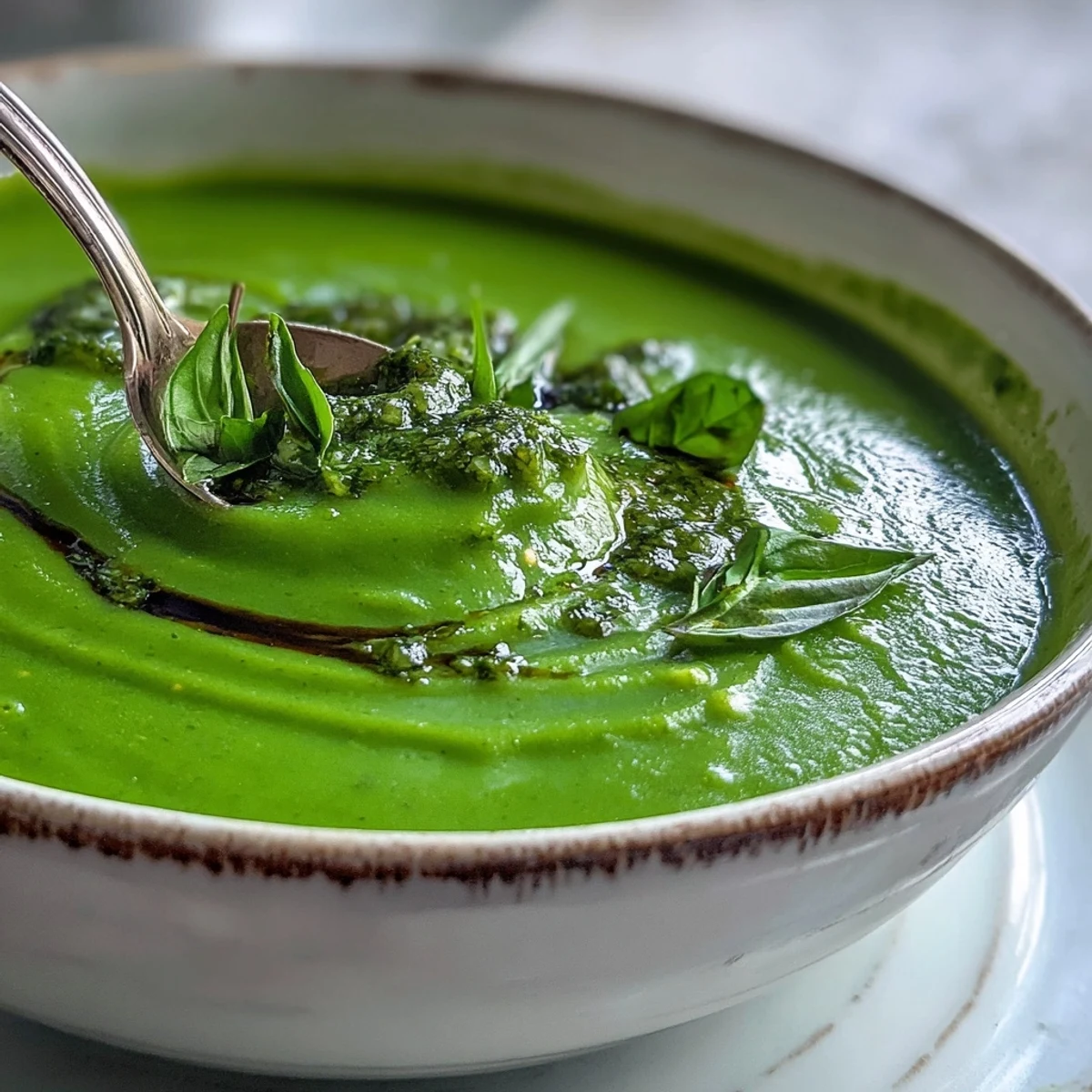 Close-up of bright green Courgette, Pea and Pesto Soup in a ceramic mug, garnished with basil leaves and a drizzle of pesto.