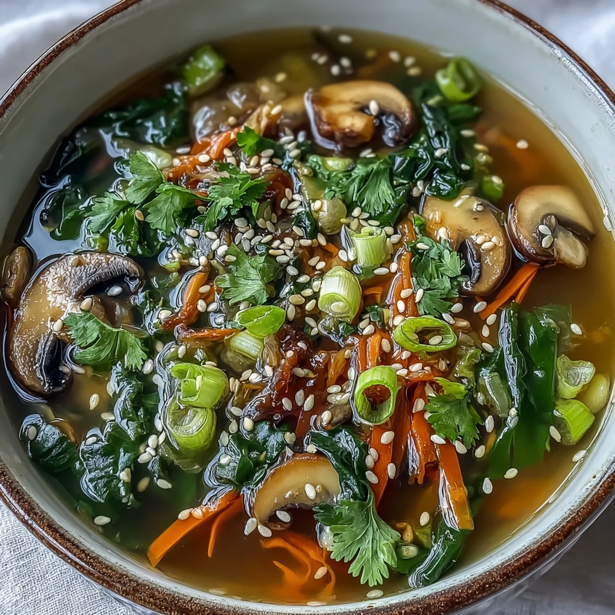 Steaming bowl of Miso Ginger Winter Soup with shiitake mushrooms and fresh green onions.