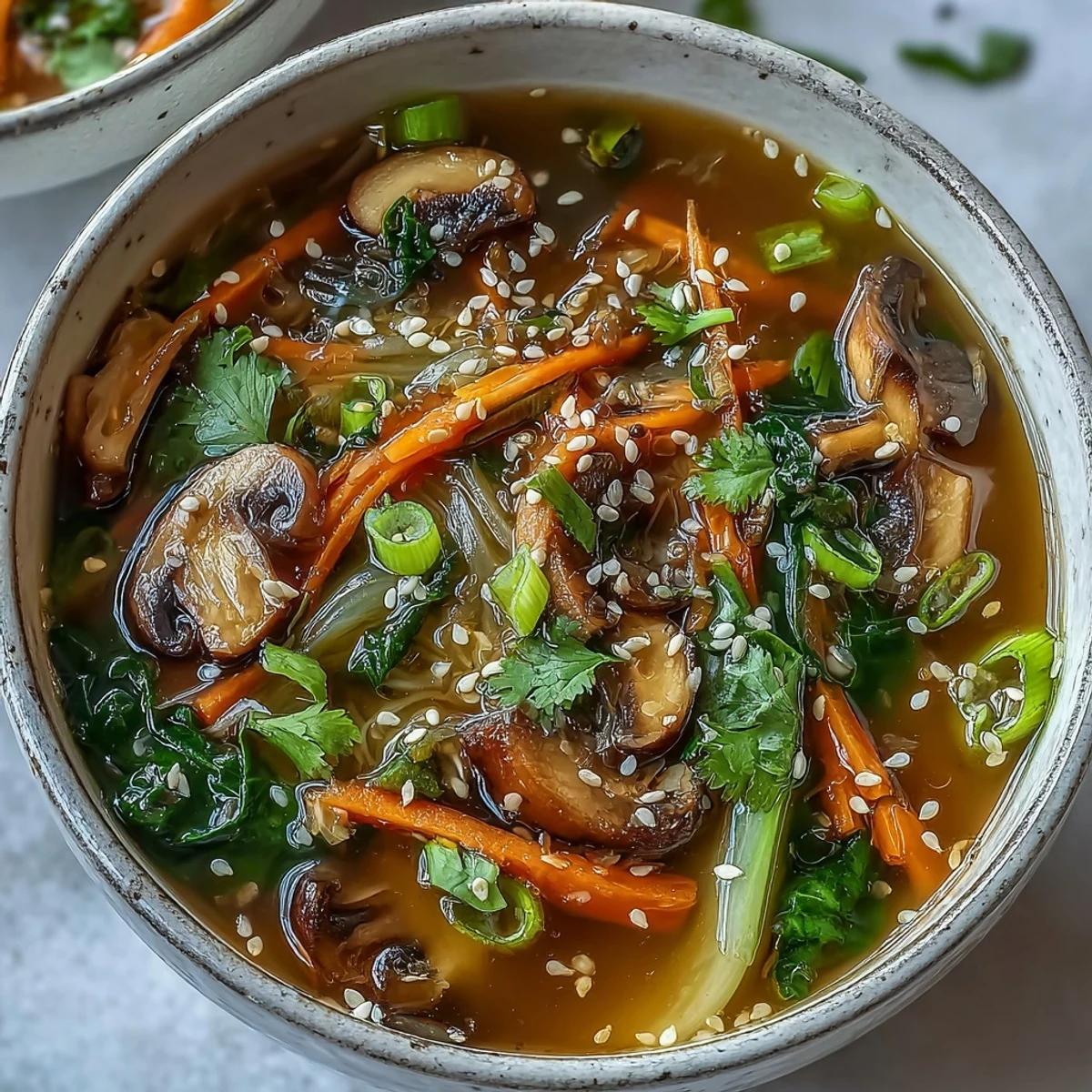 Healthy vegan Miso Ginger Winter Soup garnished with cilantro and chili oil drizzle.