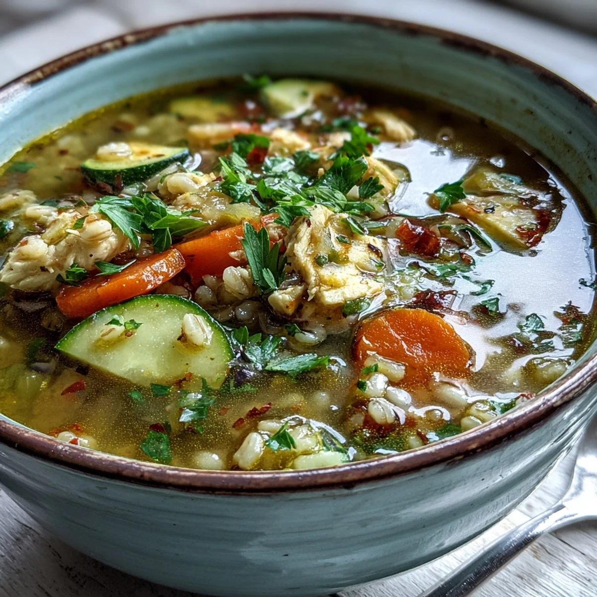 Golden Soothing Turmeric Chicken With Pearl Barley soup steaming in a rustic bowl, garnished with fresh parsley and lemon wedges.