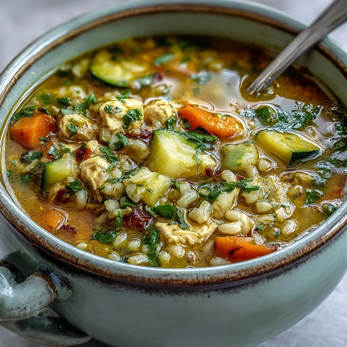 Close-up on a ladle of Soothing Turmeric Chicken With Pearl Barley, highlighting the rich golden broth, plump barley, and fresh herbs.