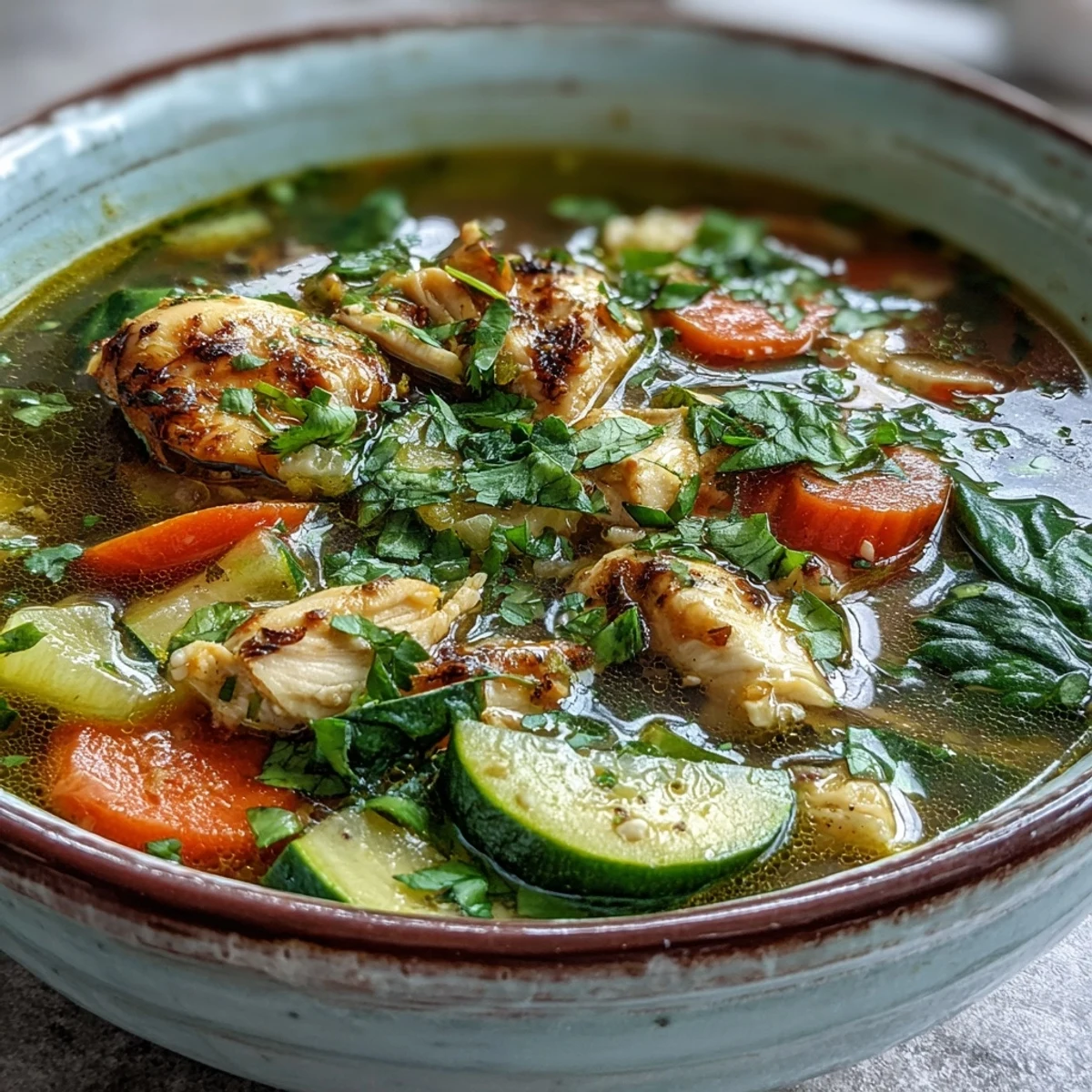 Golden turmeric chicken soup topped with parsley, lemon wedges, and a steamy aroma, ready for a healthy lunch.