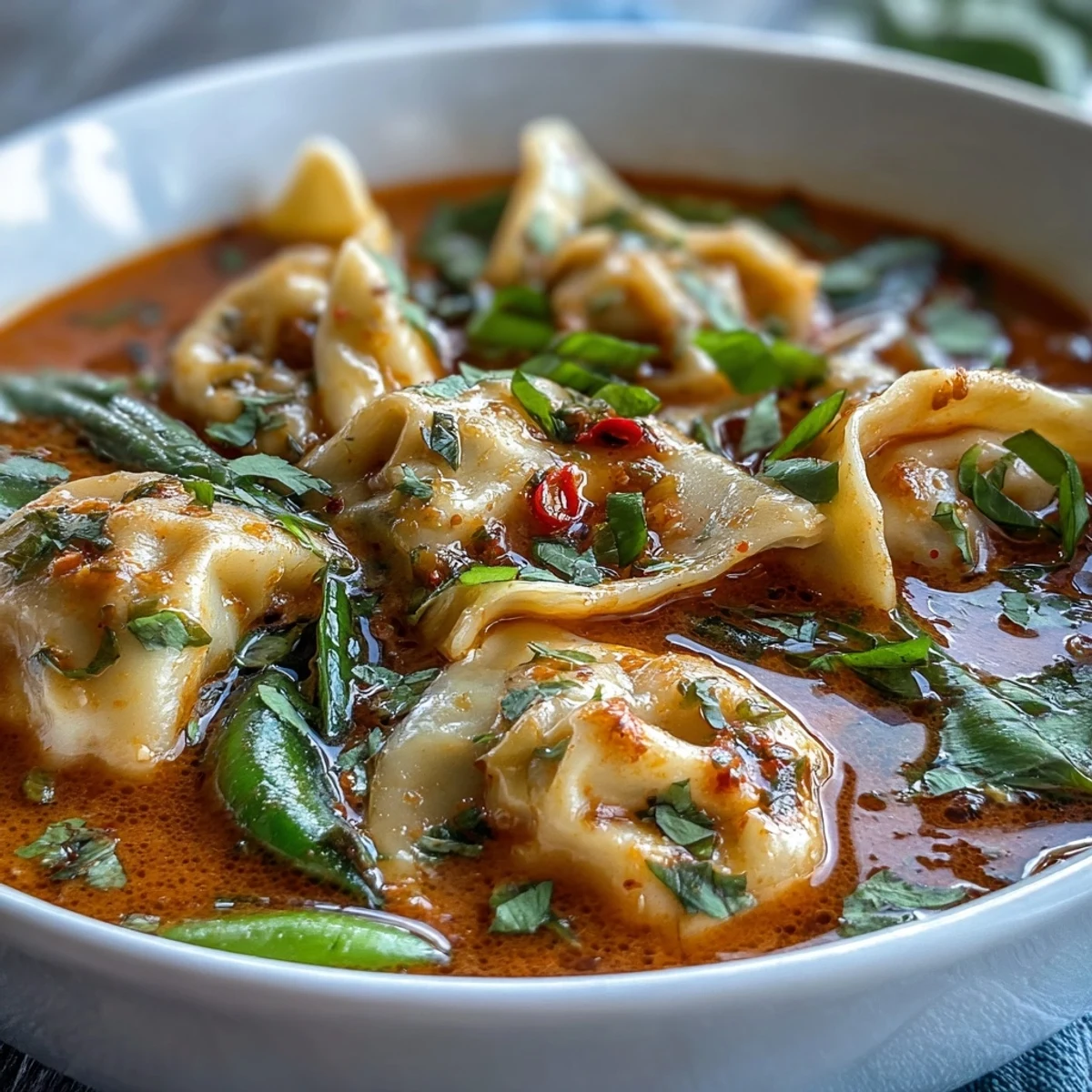 A close-up view of creamy Red Curry Wonton Soup with vibrant greens, carrots, and snow peas.