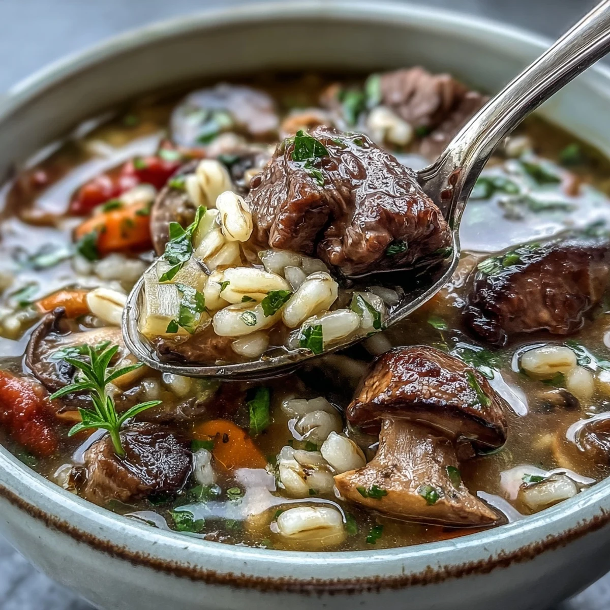 A close-up view of Vegetable Beef, Barley, and Mushroom Soup highlights earthy mushrooms and plump barley in a rich, tomato-based broth.