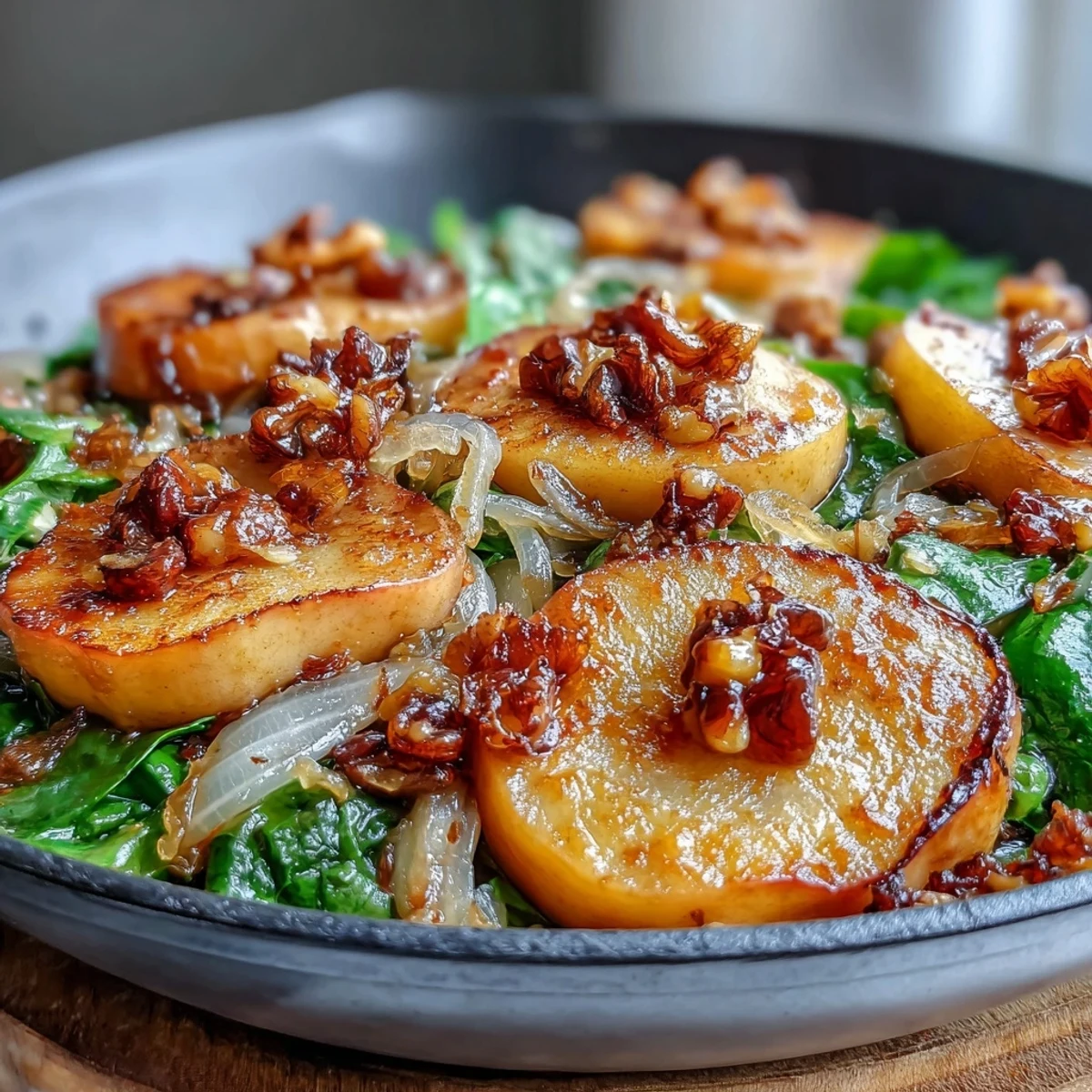 Golden caramelized apples and onions in a Warm Apple and Sauerkraut Skillet Salad, topped with toasted walnuts and fresh parsley.