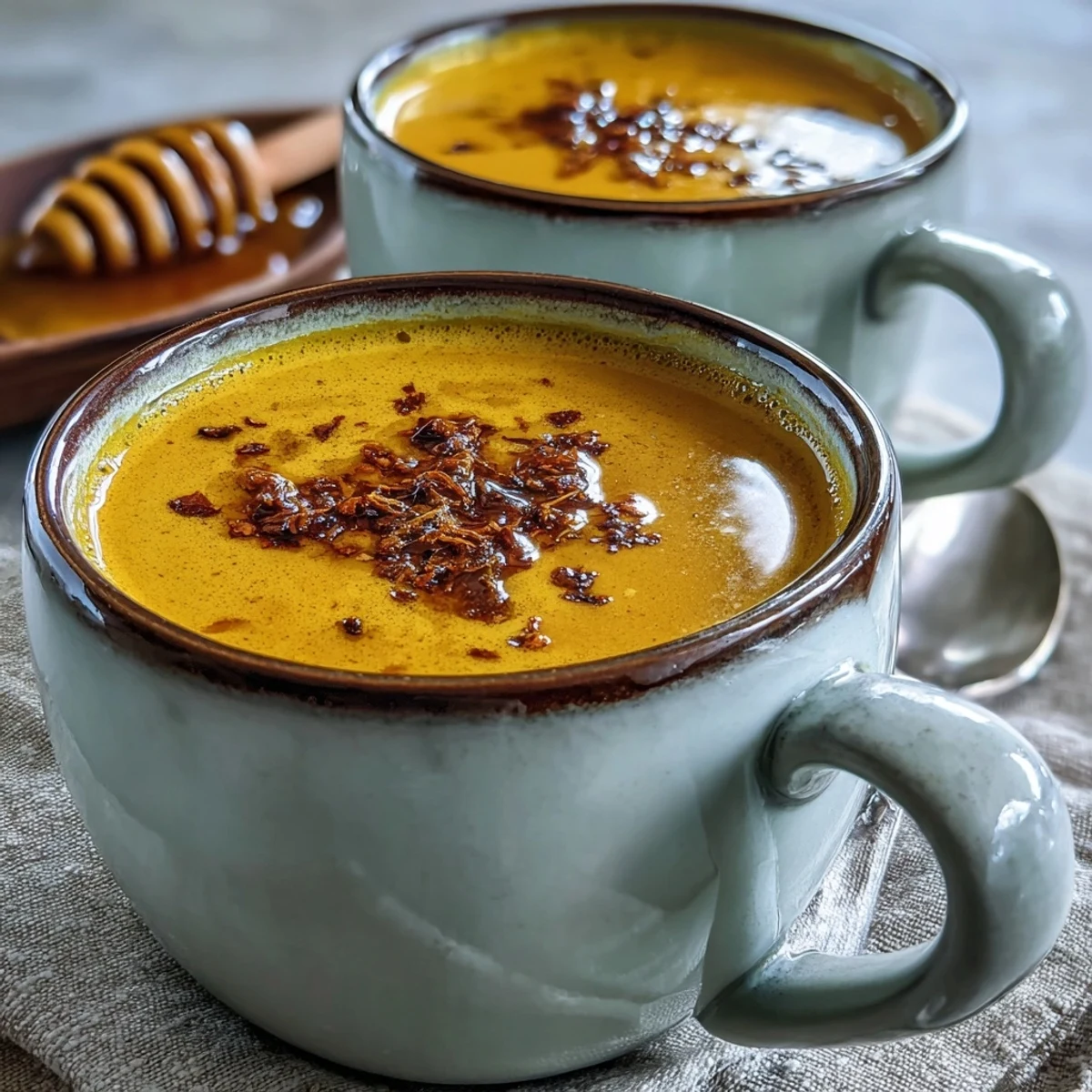 Two warm mugs of Turmeric and Ginger Golden Milk beside fresh ginger root and spices on a marble countertop.