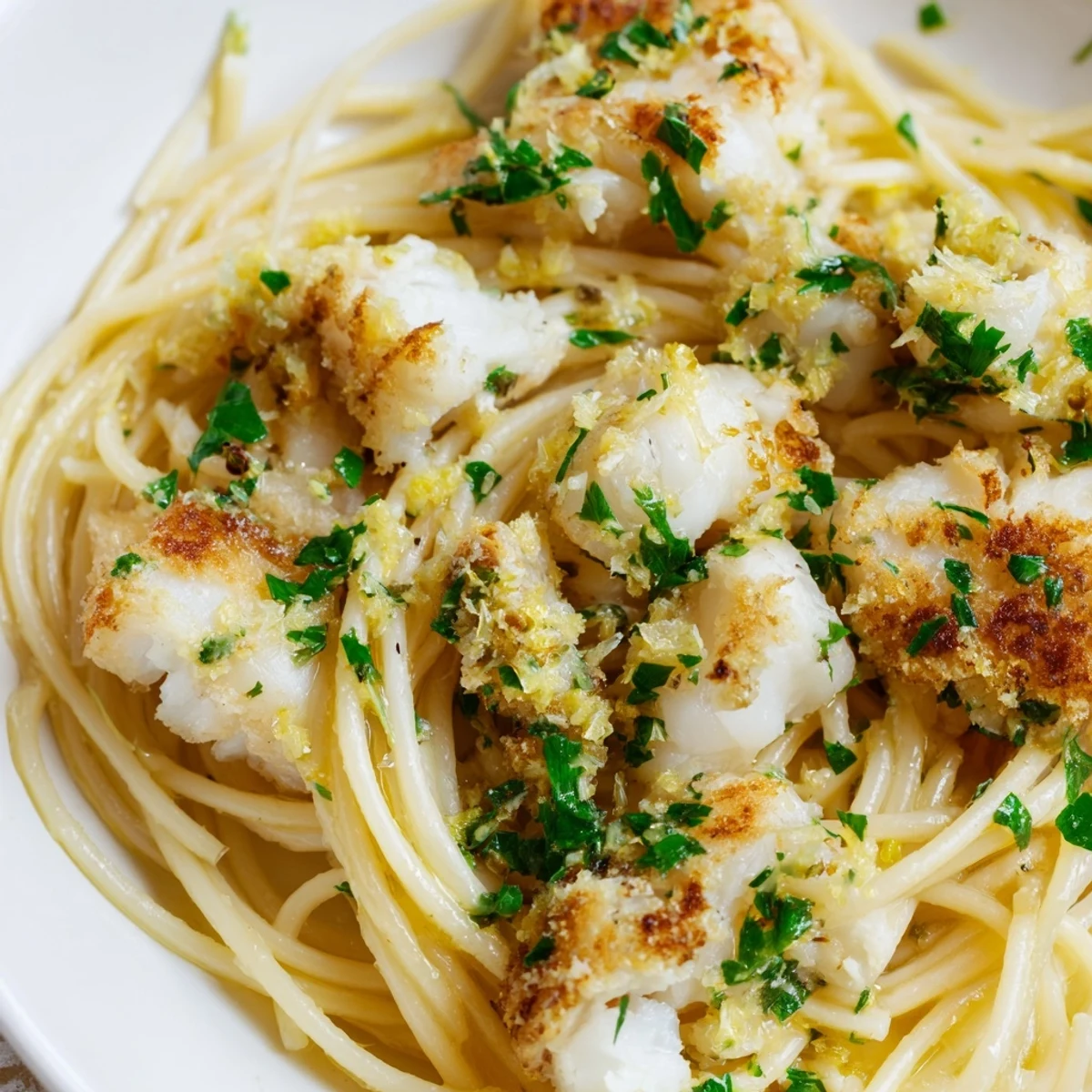 Golden, crispy fish flakes tossed with al dente spaghetti, fresh lemon zest, and chopped herbs in a bright Mediterranean pasta dish.