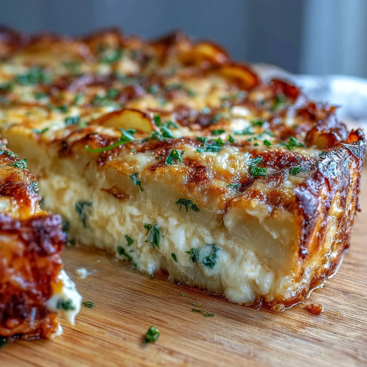 Golden, bubbling layers of Cheese and Potato Pie emerge from the oven, featuring creamy sliced potatoes, savory onions, and melted Gruyère and cheddar under a golden crust.  